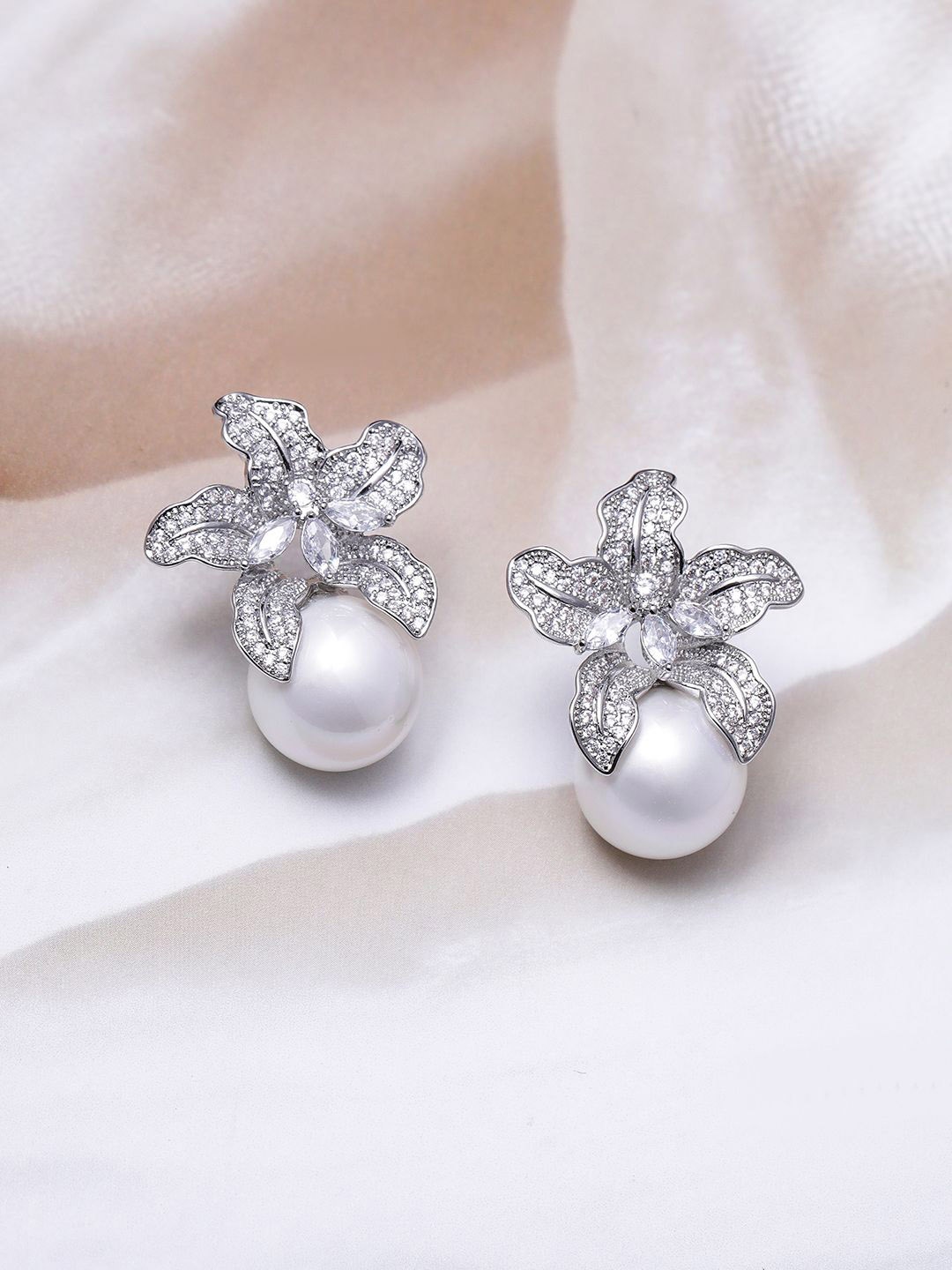 

Rubans Rhodium Plated Sparkling AD & Cubic Zirconia Studded Floral Pearl Drop Earrings, Silver