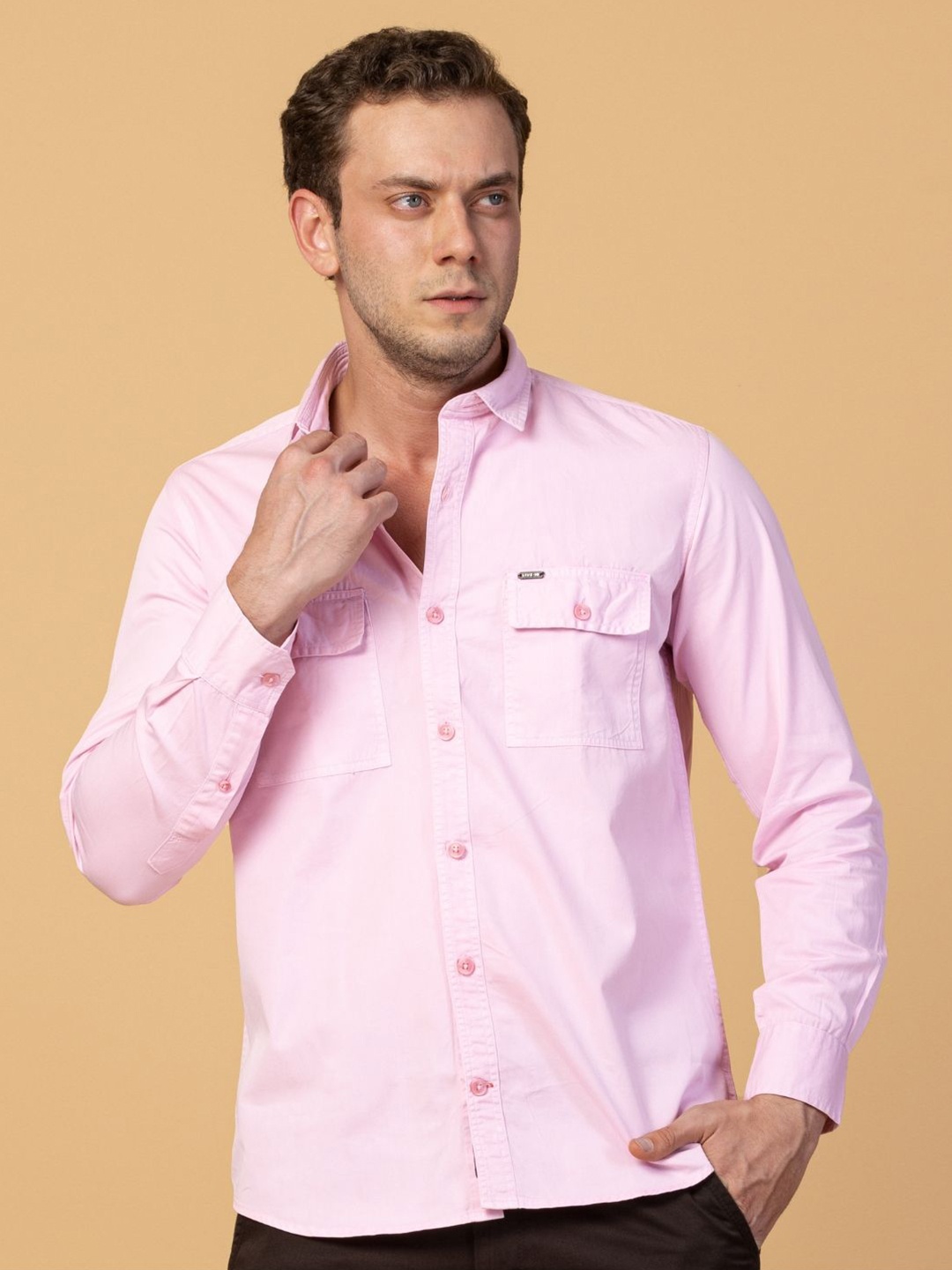

USMC Men Smart Spread Collar Solid Cotton Slim Fit Casual Shirt, Pink