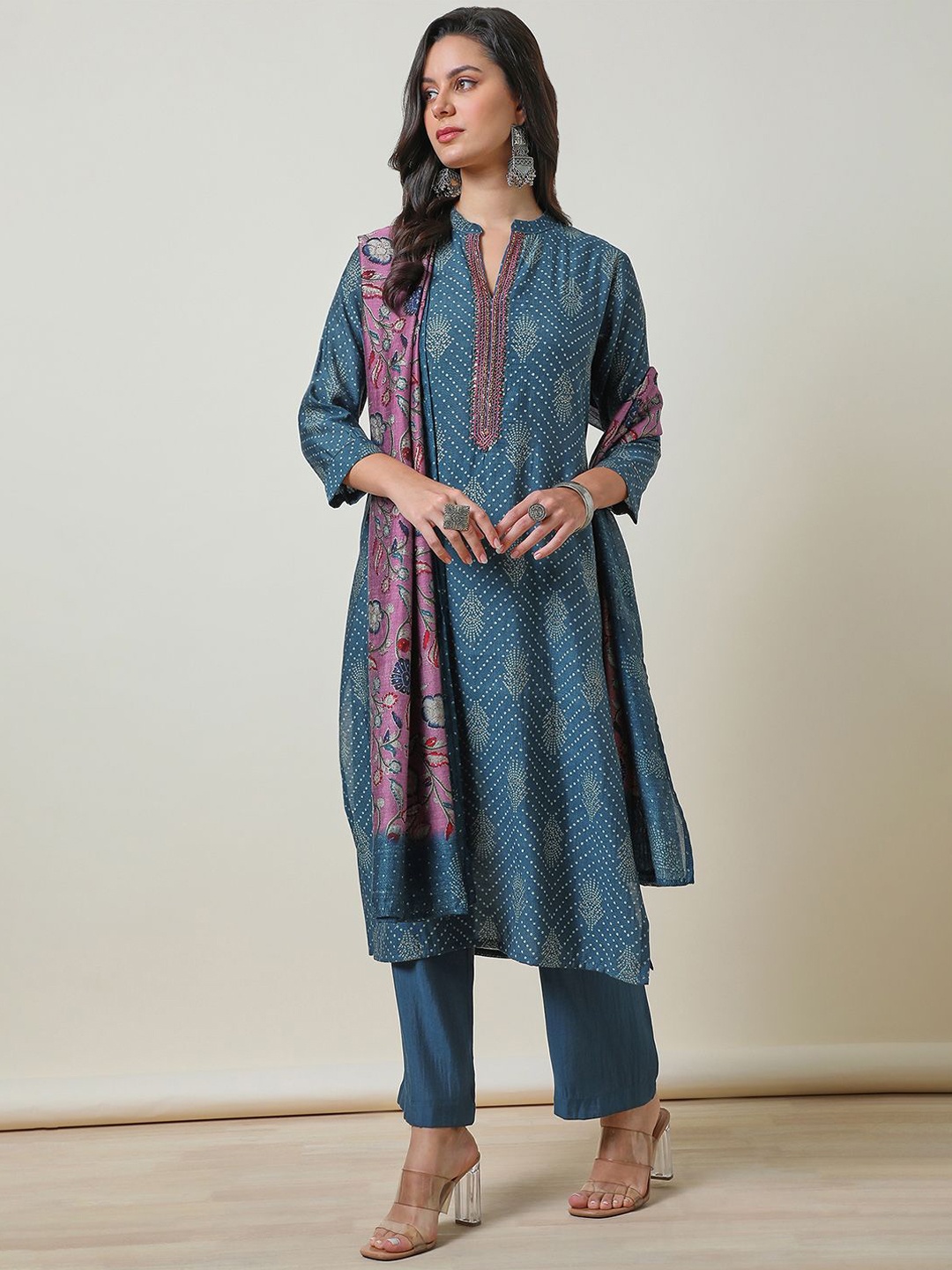 

Soch Bandhani Printed Mandarin Collar Thread Work A Line Kurta with Palazzos & Dupatta, Blue