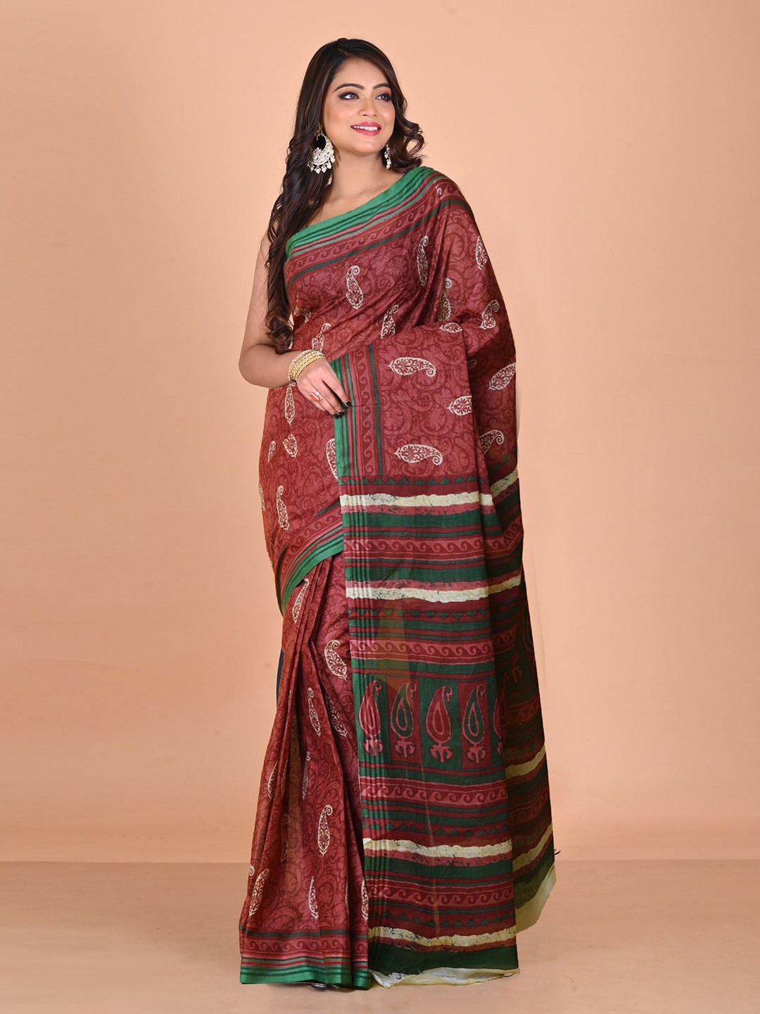 

Unnati Silks Ethnic Motifs Handloom Block Print Saree, Pink