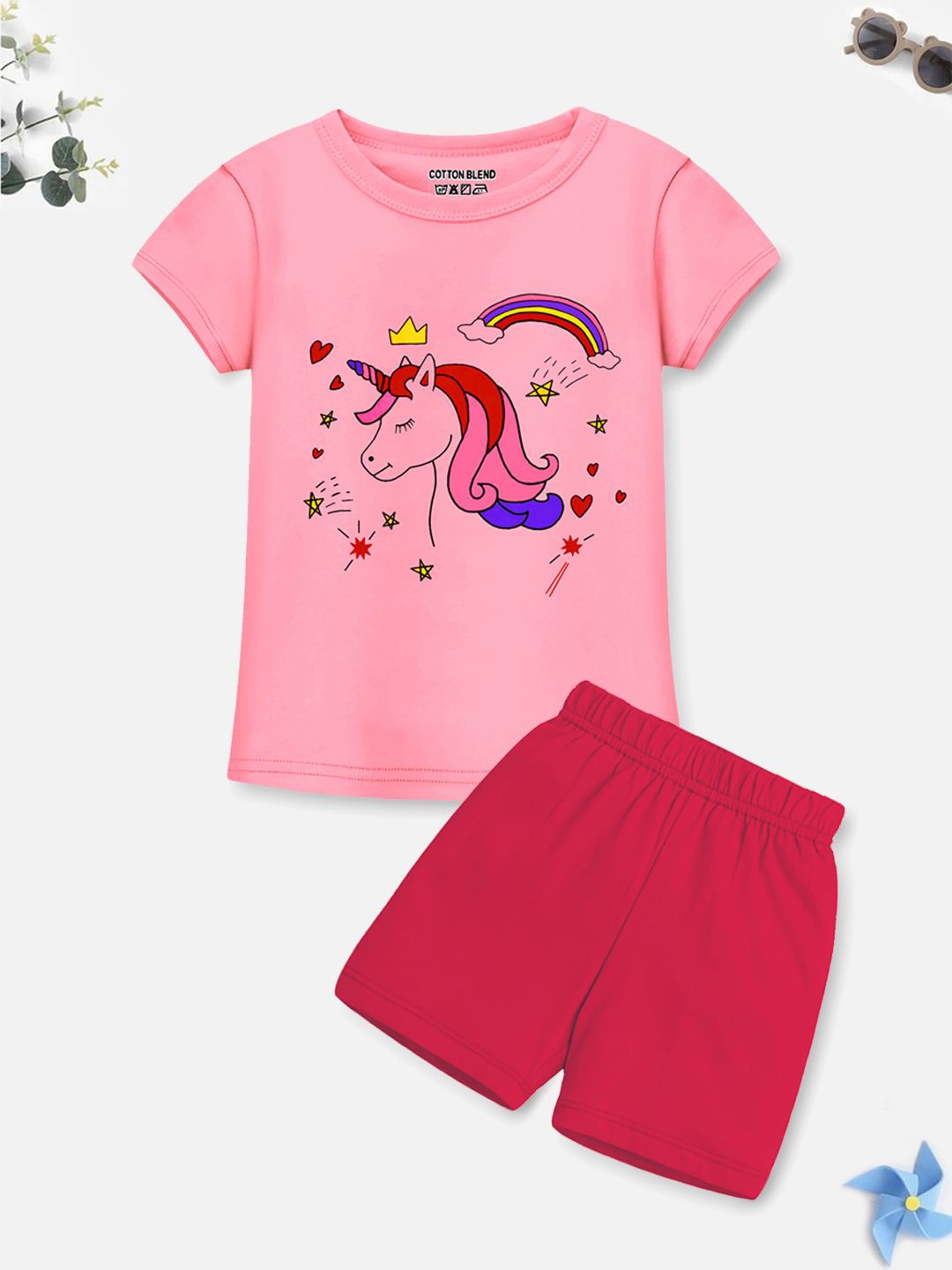 

YK X Trampoline Girls Printed T-shirt with Shorts, Pink