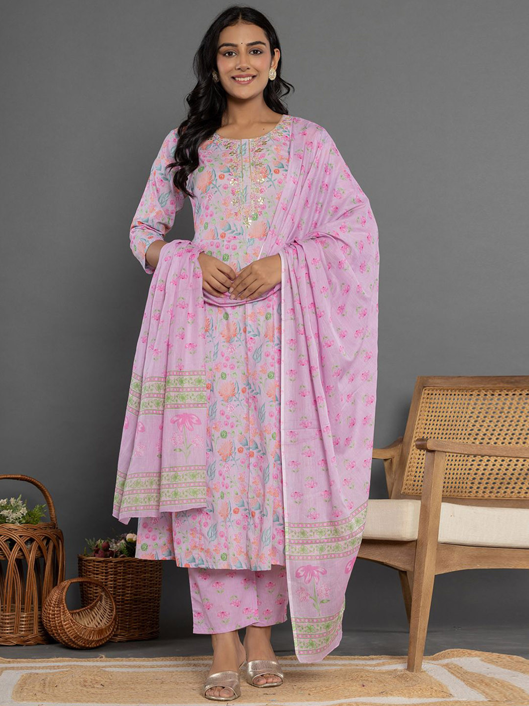 

Yufta Floral Printed Pure Cotton Anarkali Kurta & Trousers With Dupatta, Lavender