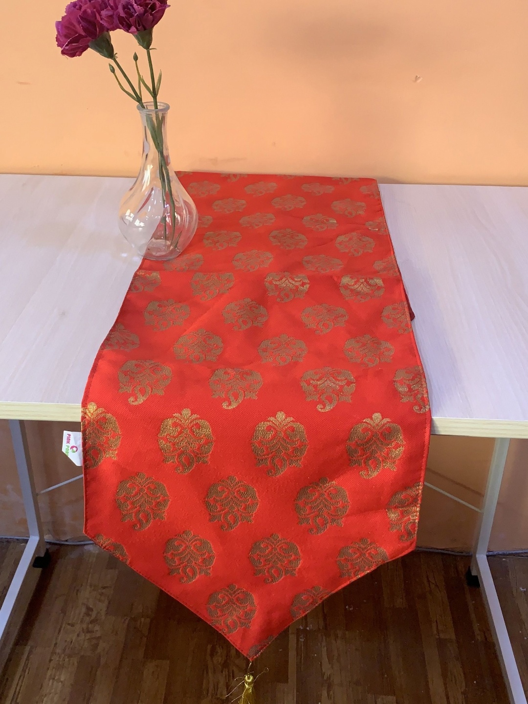 

Pink Parrot Red & Gold Toned Woven Design Art Silk Table Runners