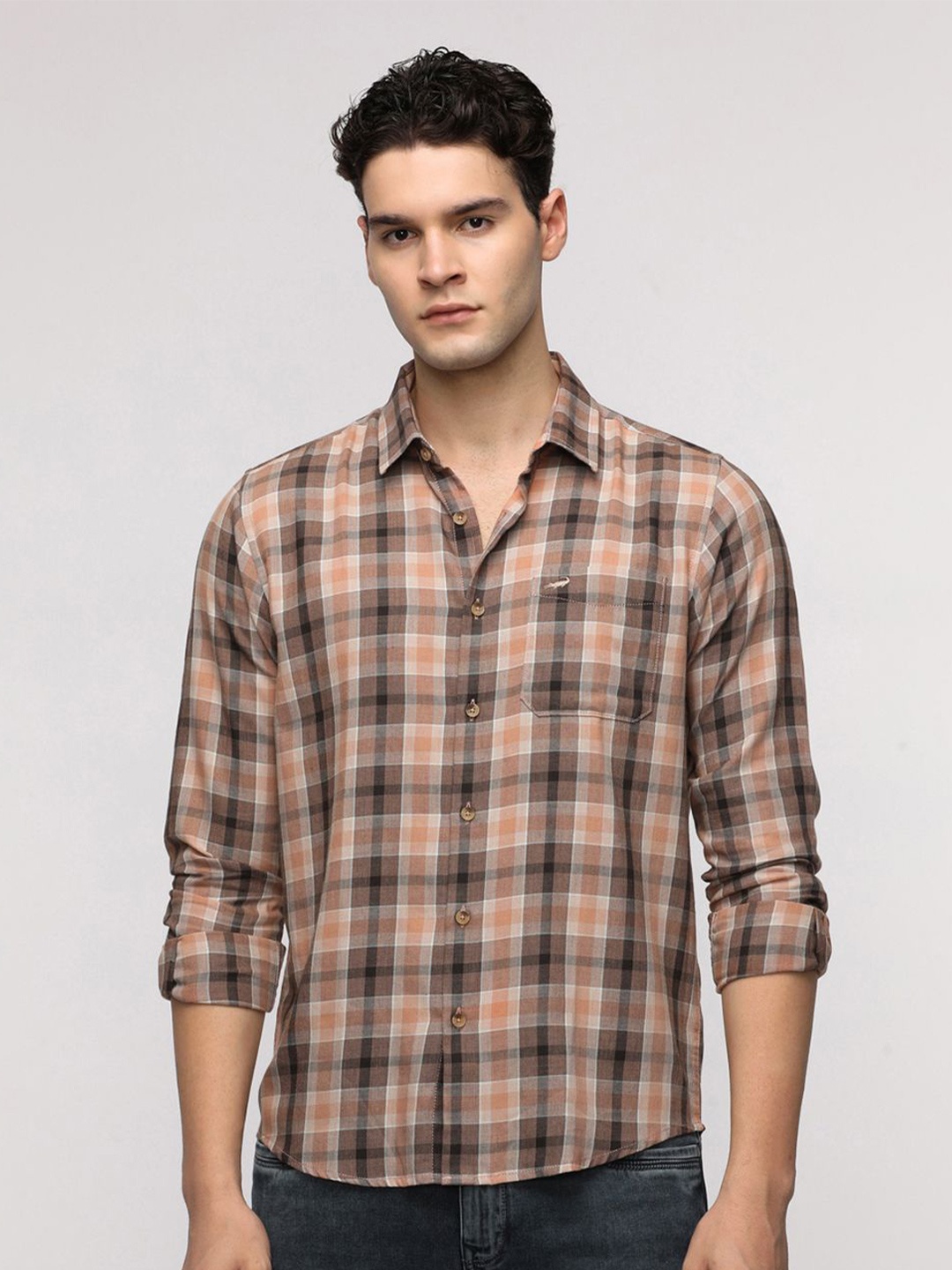 

Crocodile Comfort Fit Tartan Checked Casual Shirt, Peach