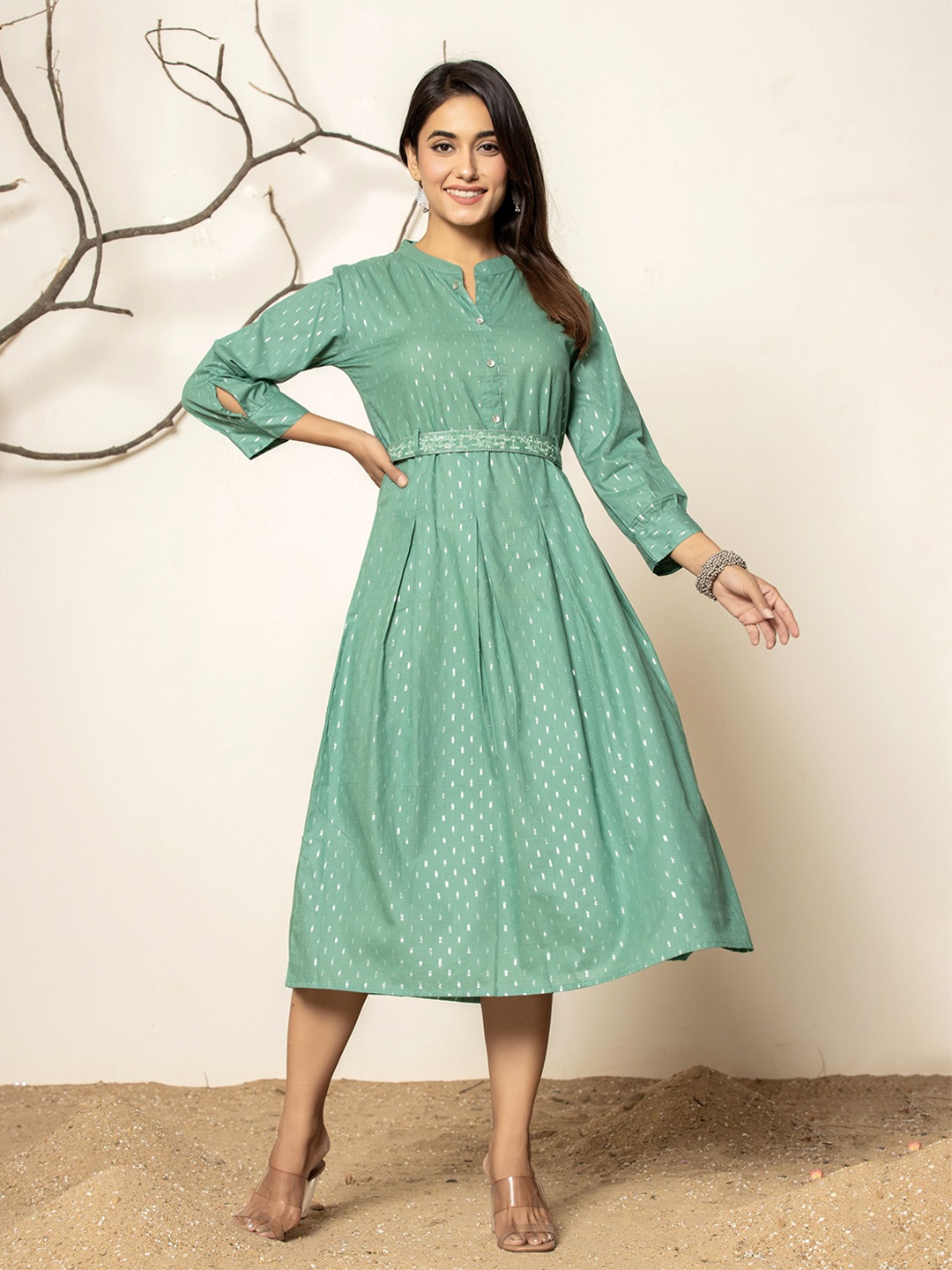 

Rouhab Ethnic Motifs Print Maxi Midi Dress, Green