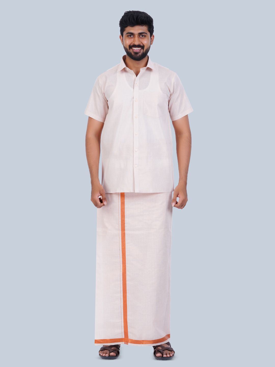 

THANGAMAGAN Tissue Cotton Shirt with Veshti, White