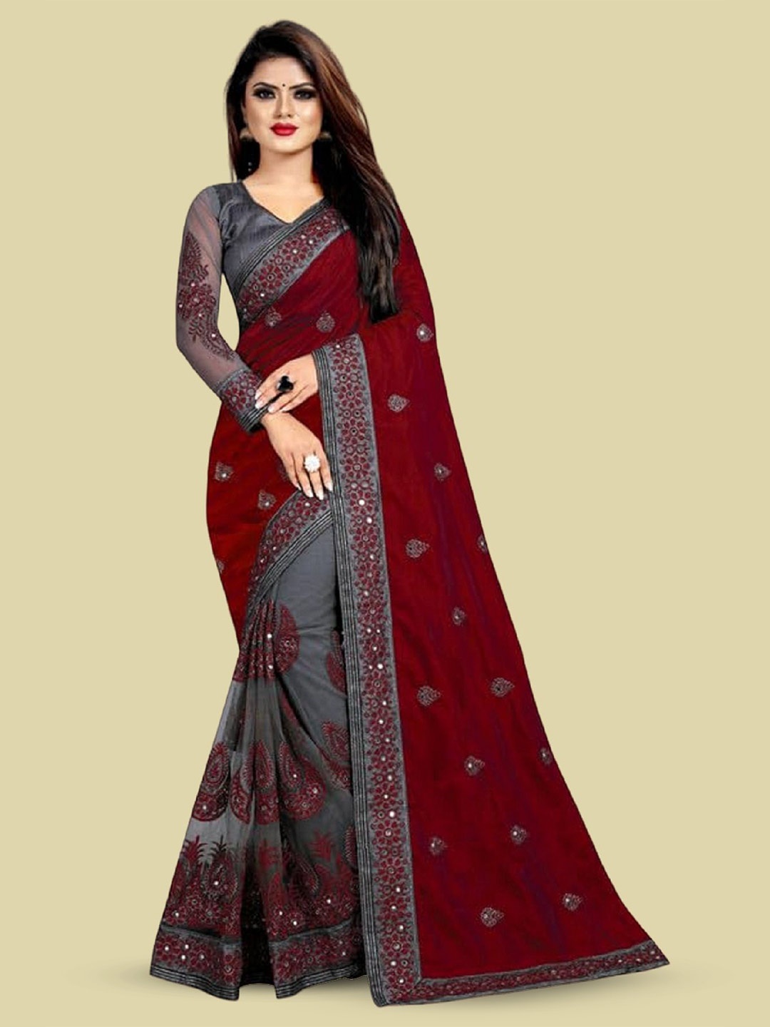 

Aika Ethnic Motifs Mirror Work Half and Half Saree, Maroon