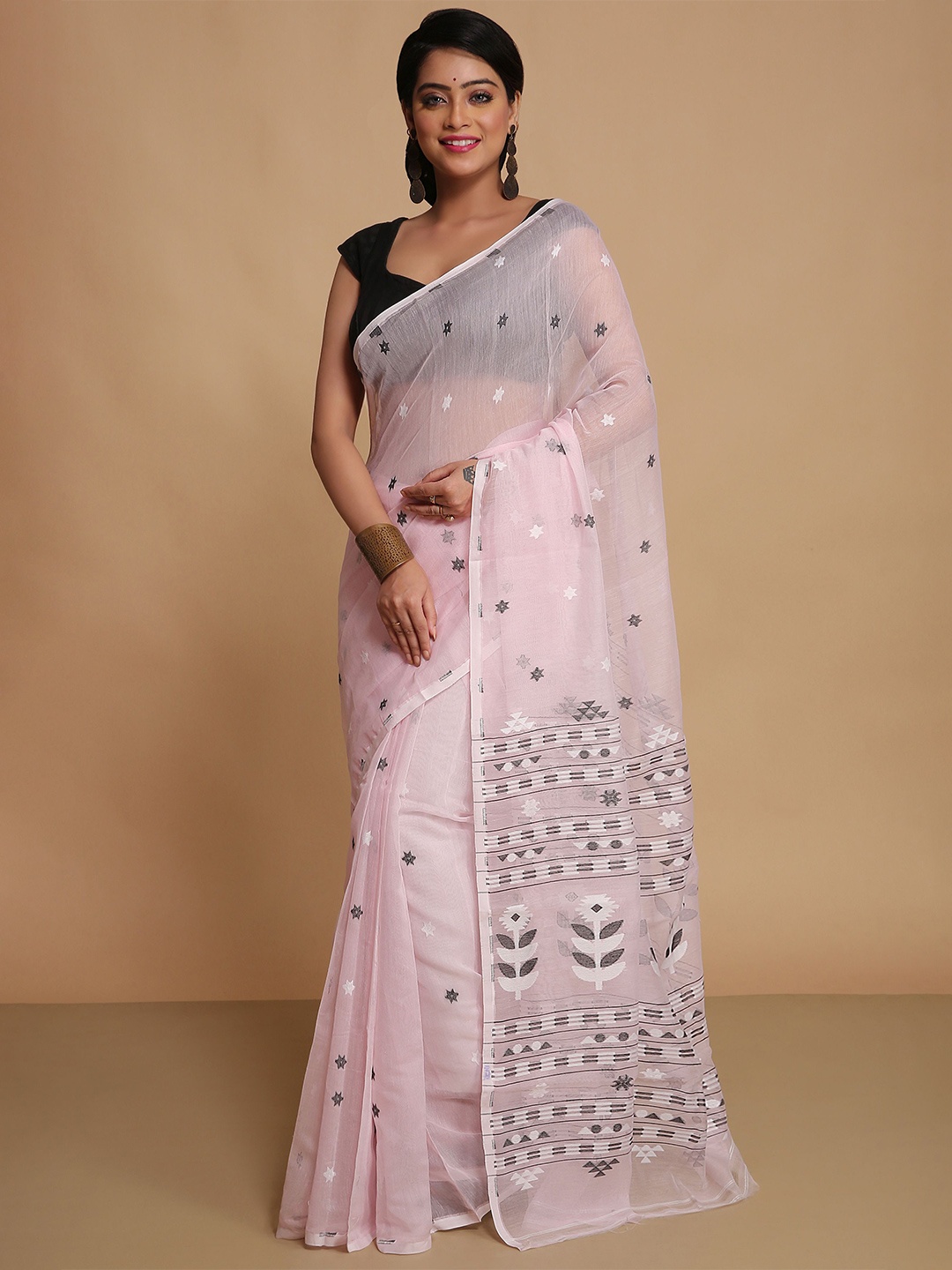 

BENGAL HANDLOOM Woven Design Zari Jamdani Saree, Pink