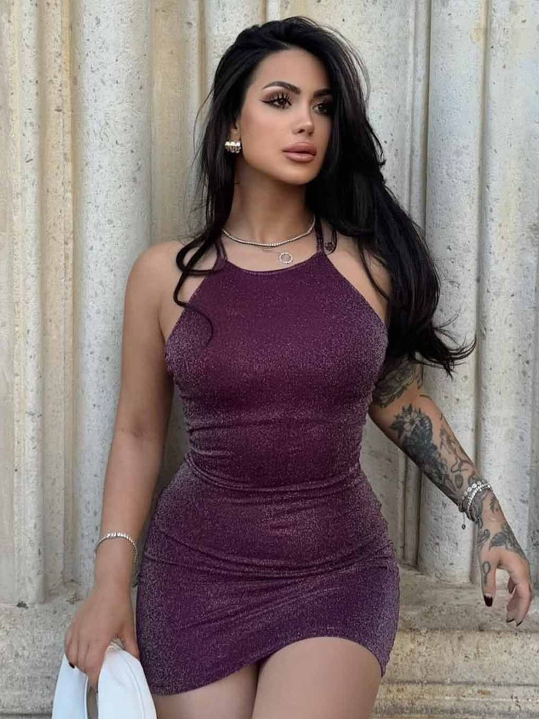 

StyleCast Solid Halter Neck Bodycon Mini Dress, Purple