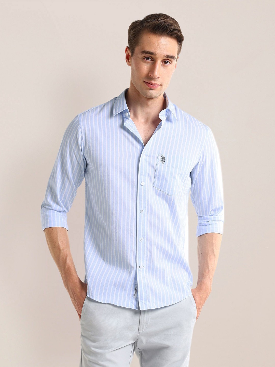 

U.S. Polo Assn. Men Classic Spread Collar Striped Cotton Casual Shirt, Blue