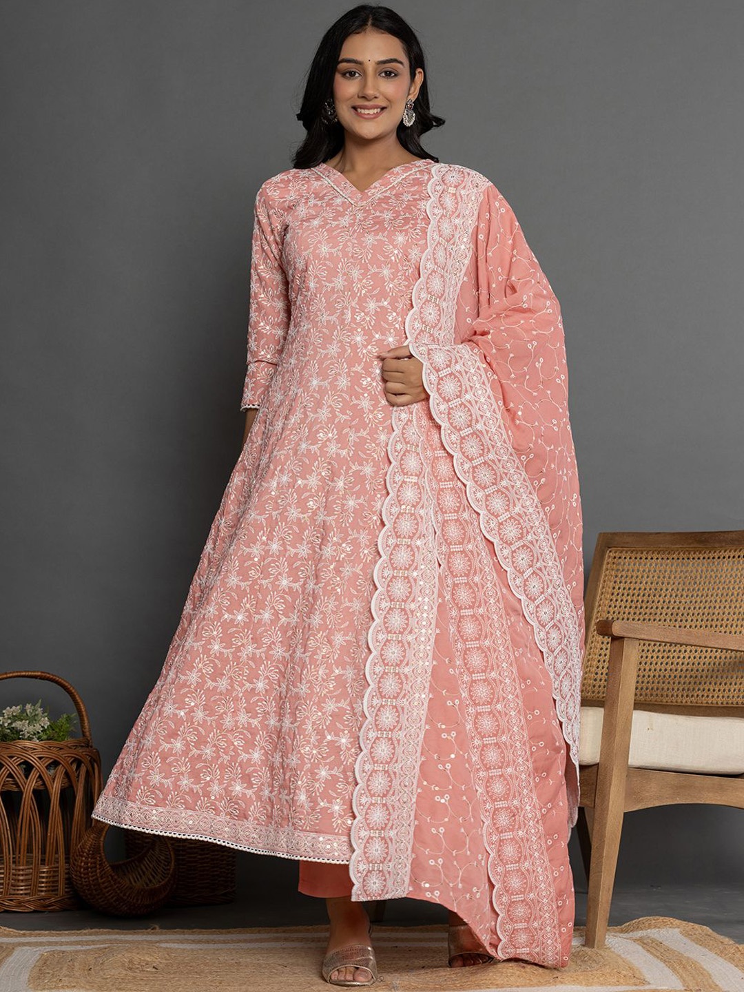 

Yufta Floral Embroidered Anarkali Kurta & Trousers With Dupatta, Peach