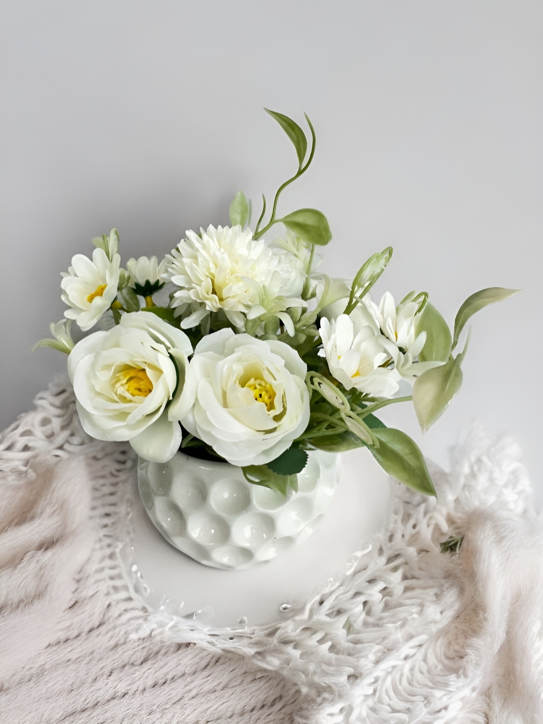 

Art Street White & Green Sunflower Roses Artificial Flower With Ceramic Pot