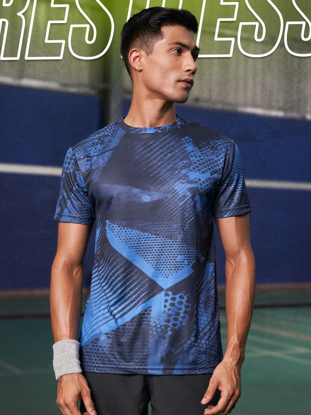 

Fit Monkey Men Dri-FIT Abstract Printed Round Neck T-Shirt, Blue