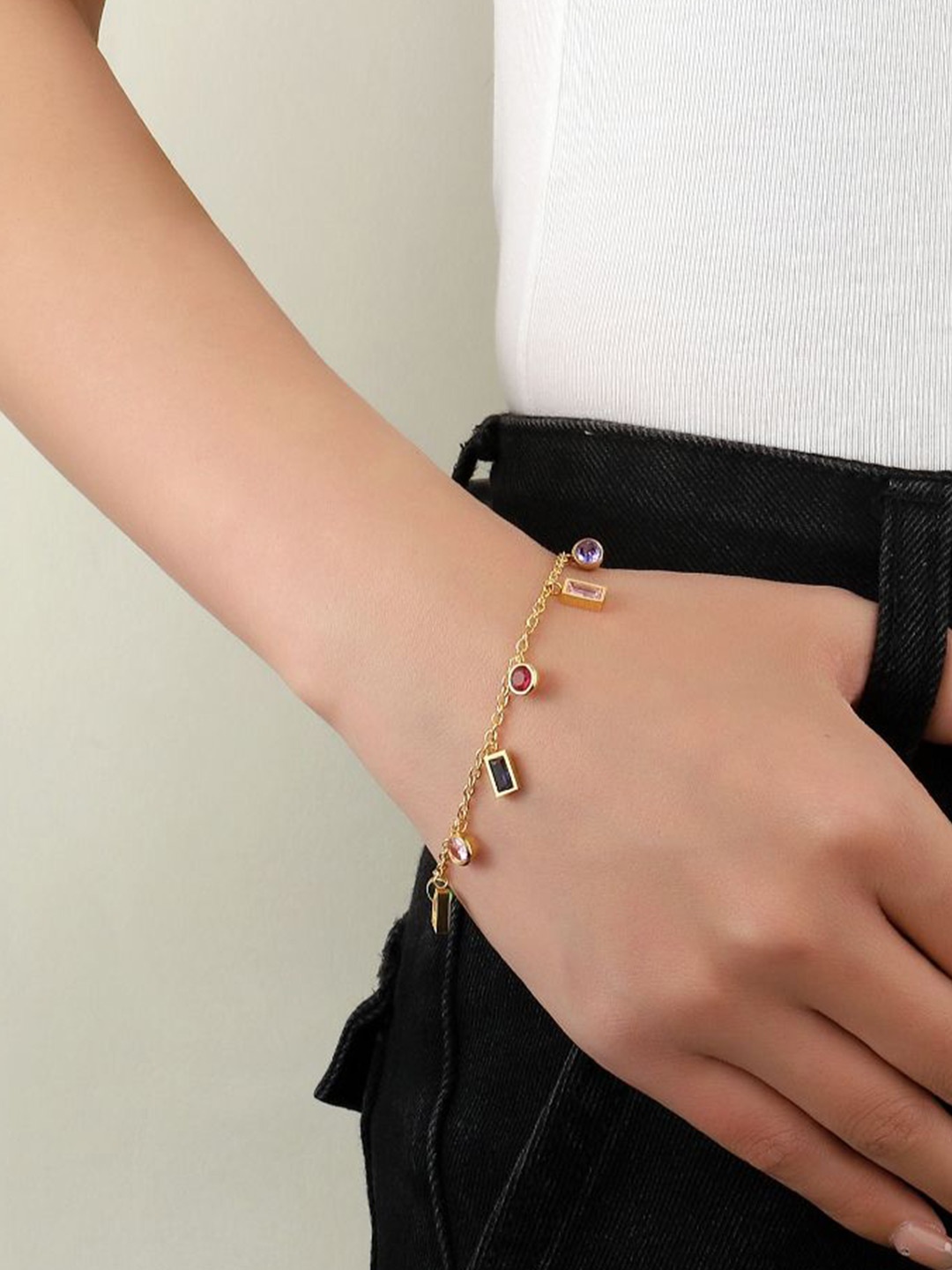 

SALTY Stainless Steel Stone-Studded Sparkling Charm Bracelet, Gold