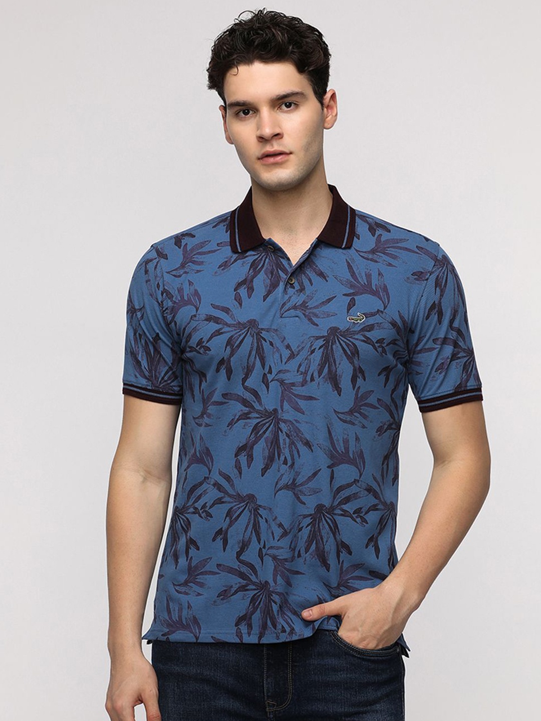 

Crocodile Men Floral Printed Polo Collar Cotton Slim Fit T-Shirt, Blue