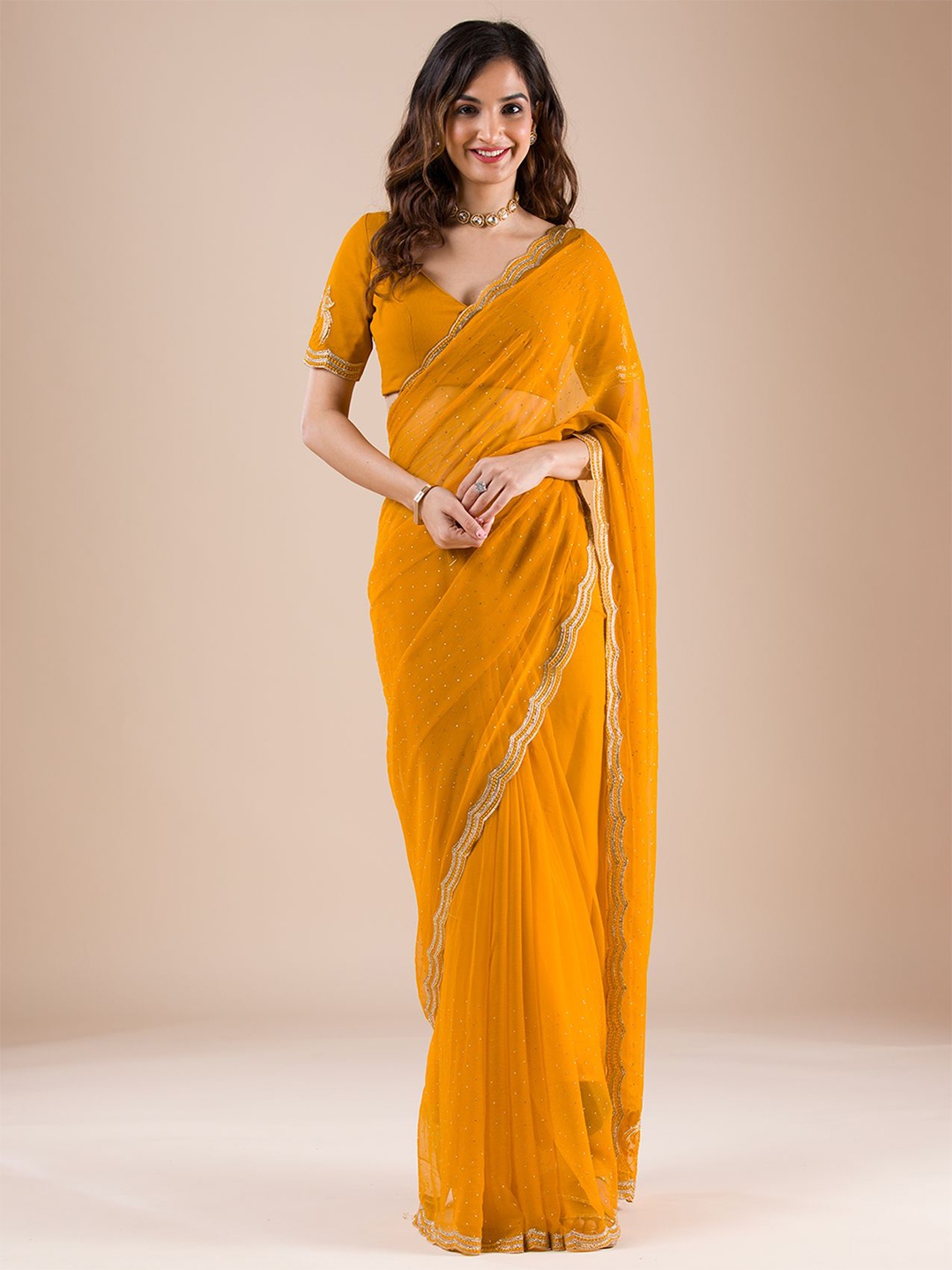 

Koskii Embellished Beads and Stones Pure Chiffon Saree, Yellow