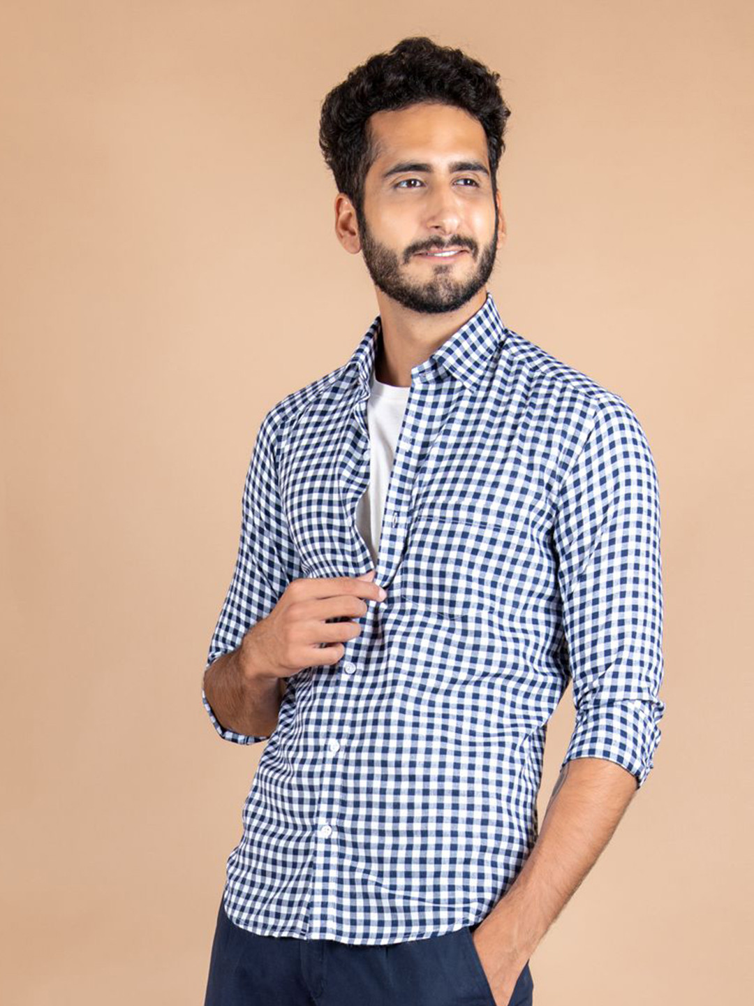 

Tistabene Men Standard Spread Collar Gingham Checked Cotton Casual Shirt, Navy blue