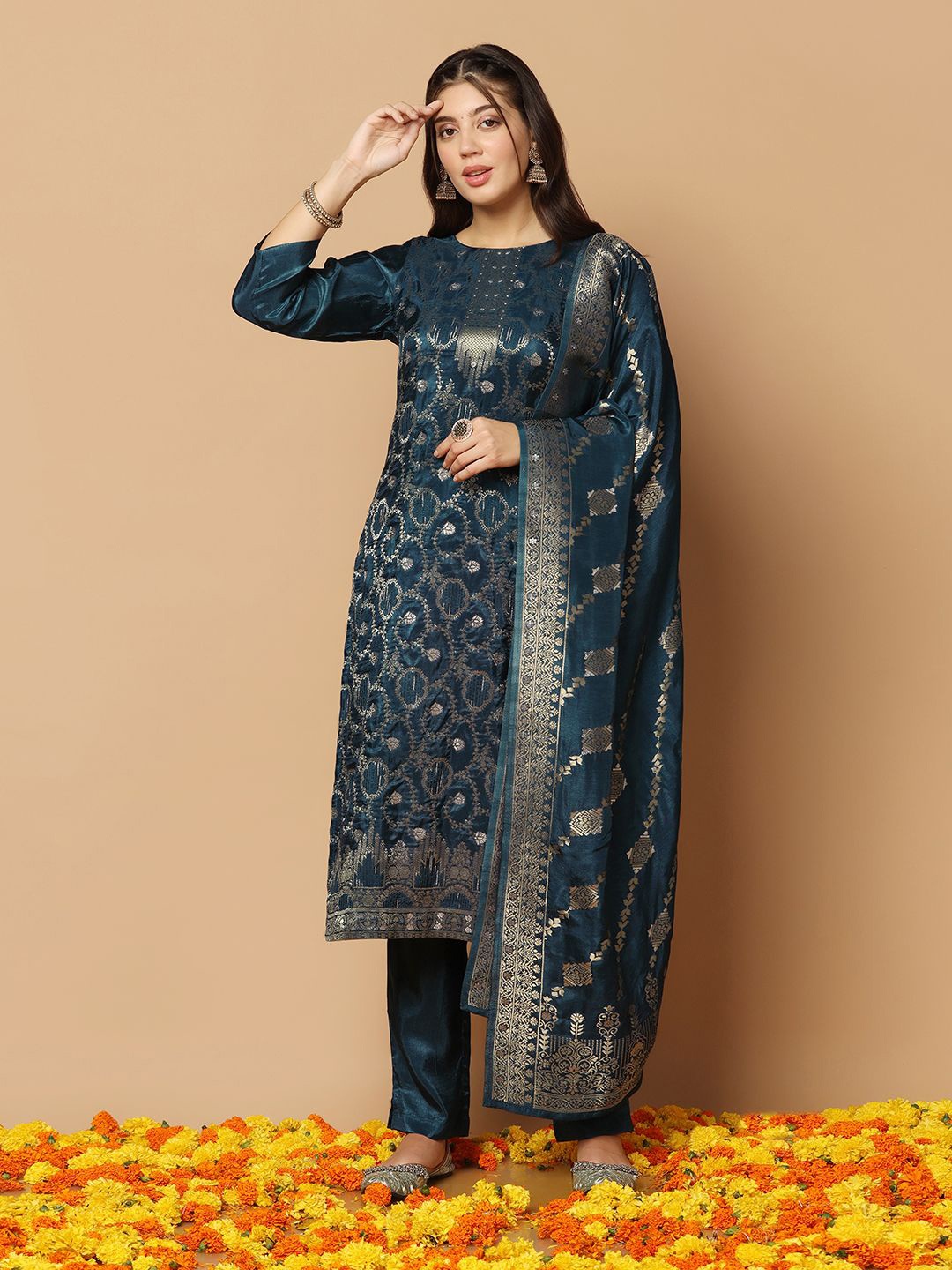 

BAESD Floral Woven Design Kurta With Trousers & Dupatta, Teal