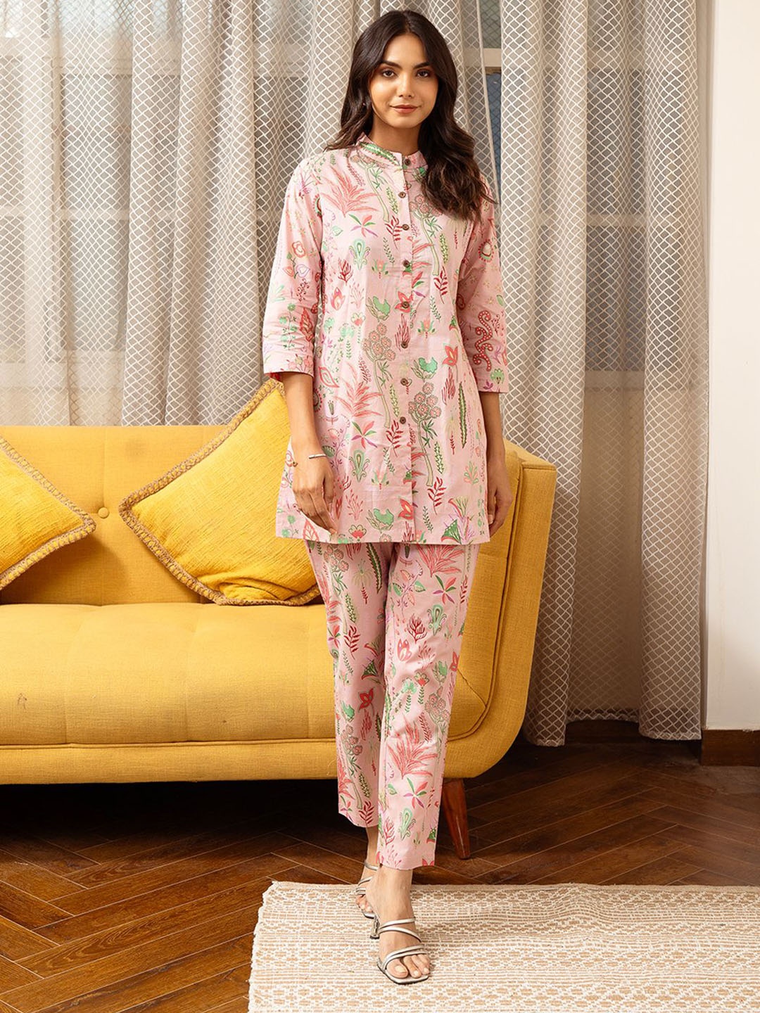 

Claura Floral Printed Mandarin Collar Pure Cotton Tunic With Trouser, Pink