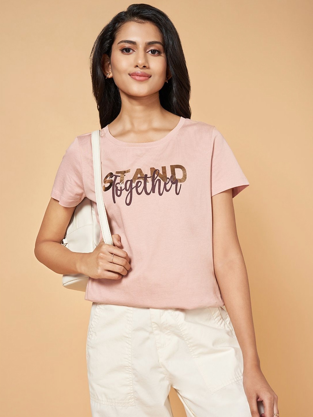 

Honey by Pantaloons Women Typography Printed Round Neck Cotton T-Shirt, Pink