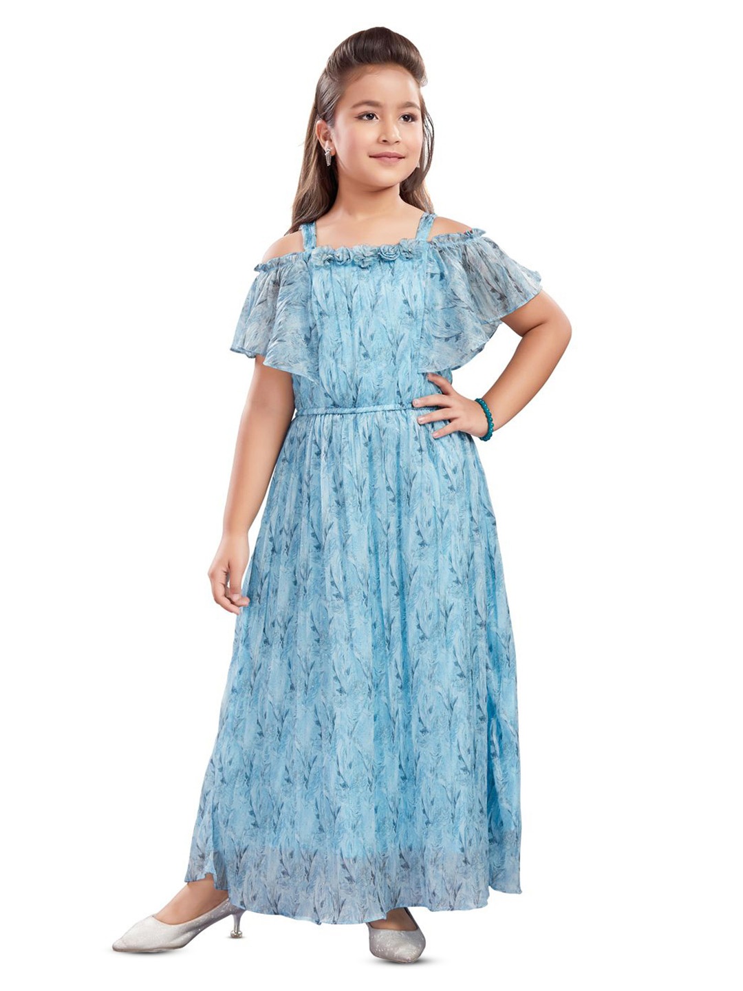 

Lei-Chie Print Off-Shoulder Cold-Shoulder Chiffon Fit & Flare Maxi Dress, Blue