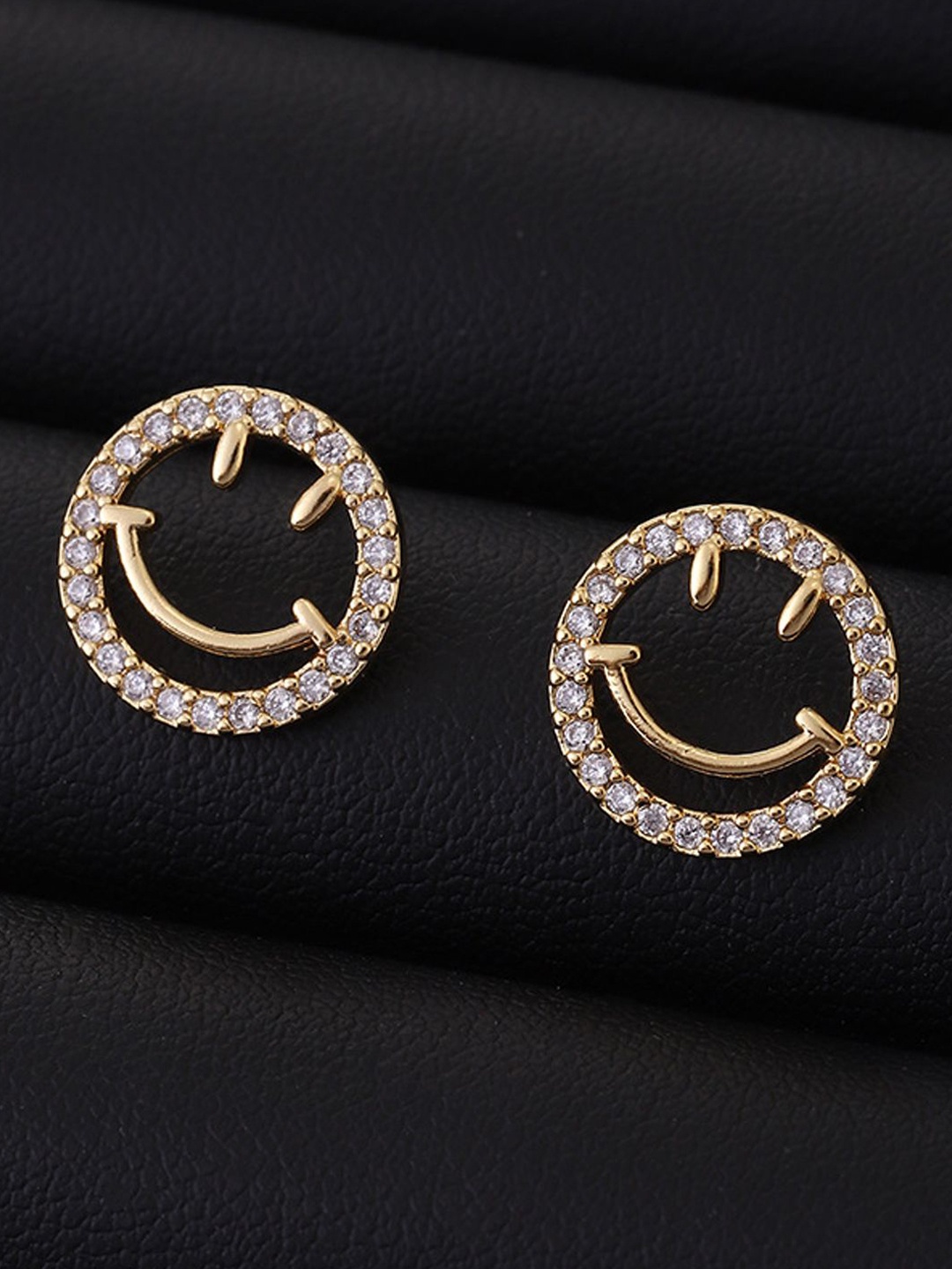 

KRENOZ Gold Plated Stainless Steel Stone Studded Tiny Smiley Face Studs
