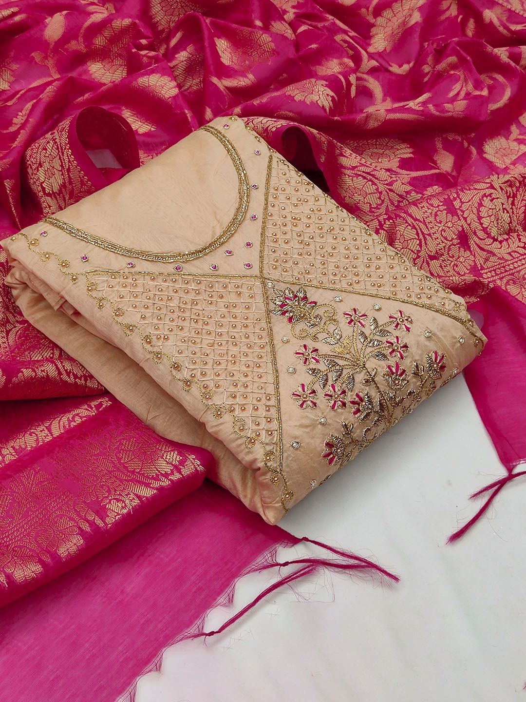 

Ishin Floral Embroidered Beads and Stones Unstitched Dress Material, Beige