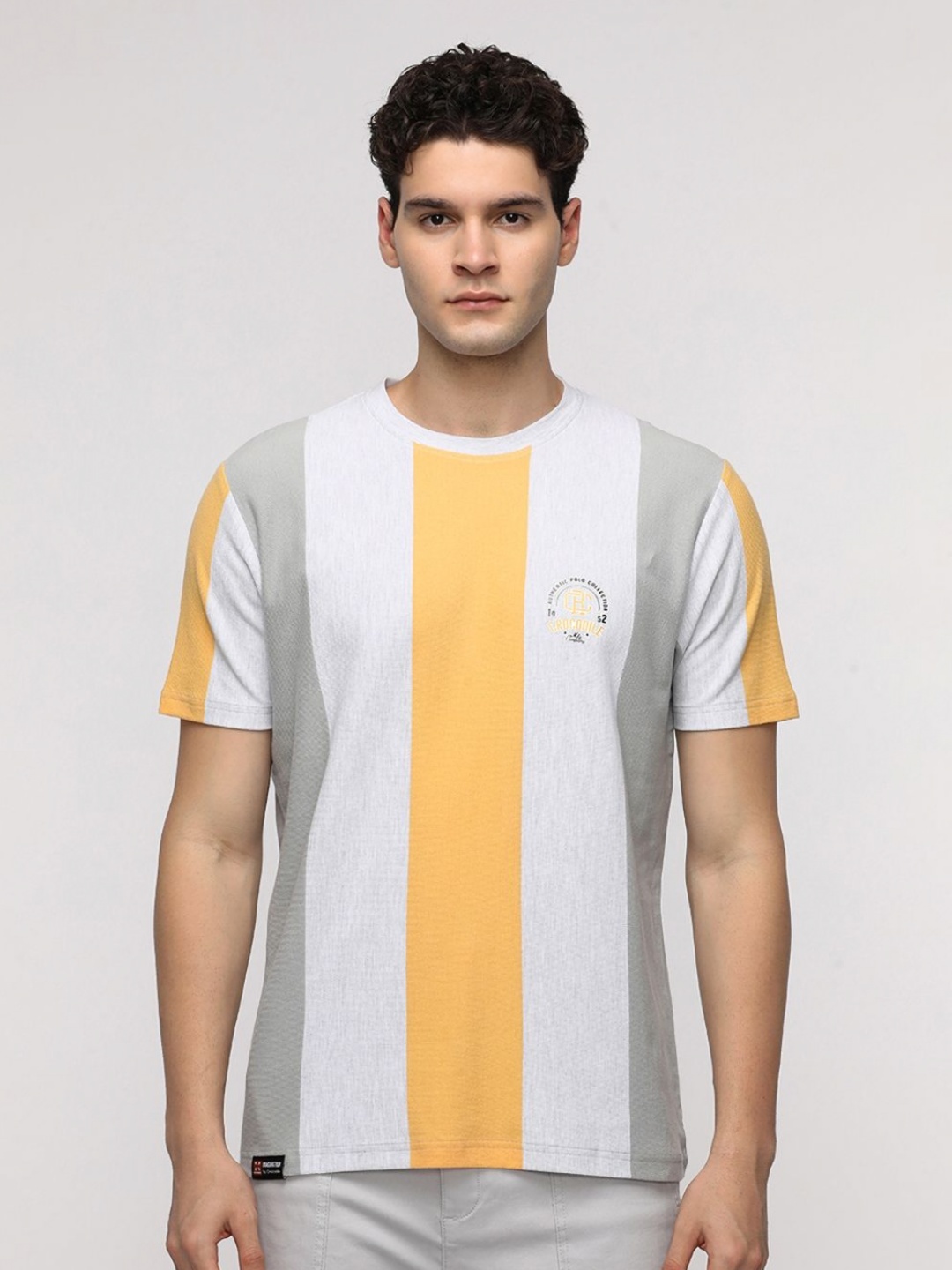 

Crocodile Men Striped Round Neck Pure Cotton Slim Fit T-Shirt, White