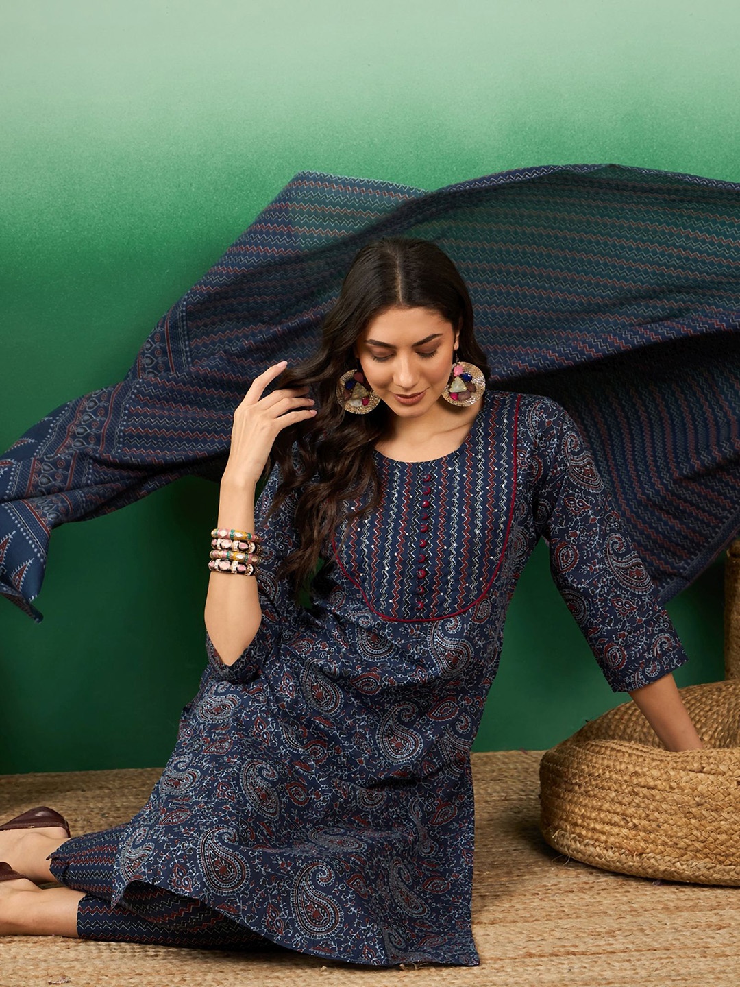 

Sangria Paisley Printed Pure Cotton Straight Kurta With Trousers & Dupatta, Navy blue