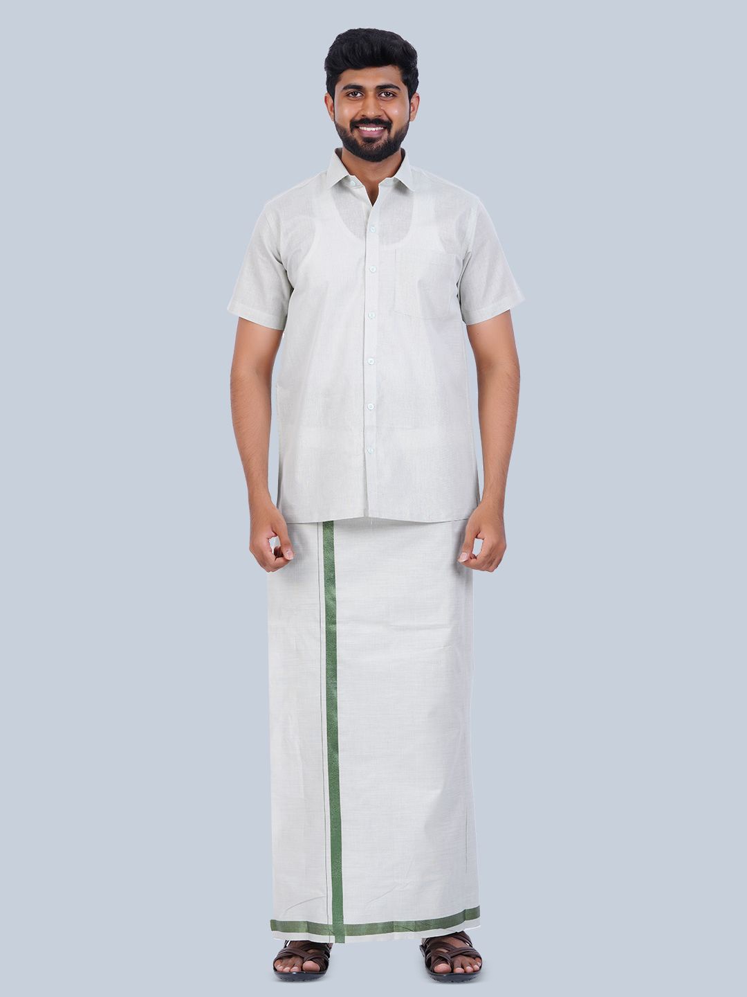 

THANGAMAGAN Short Sleeves Shirt with Veshti, White