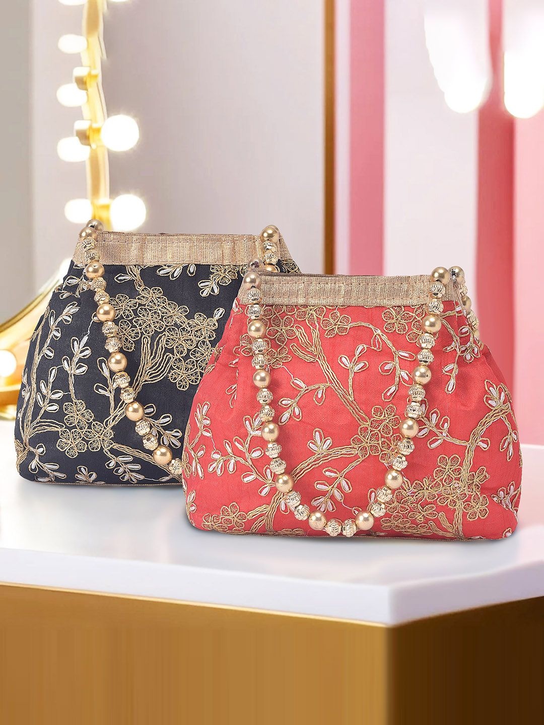 

Kuber Industries Set Of 2 Embroidered Potli Clutches, Black