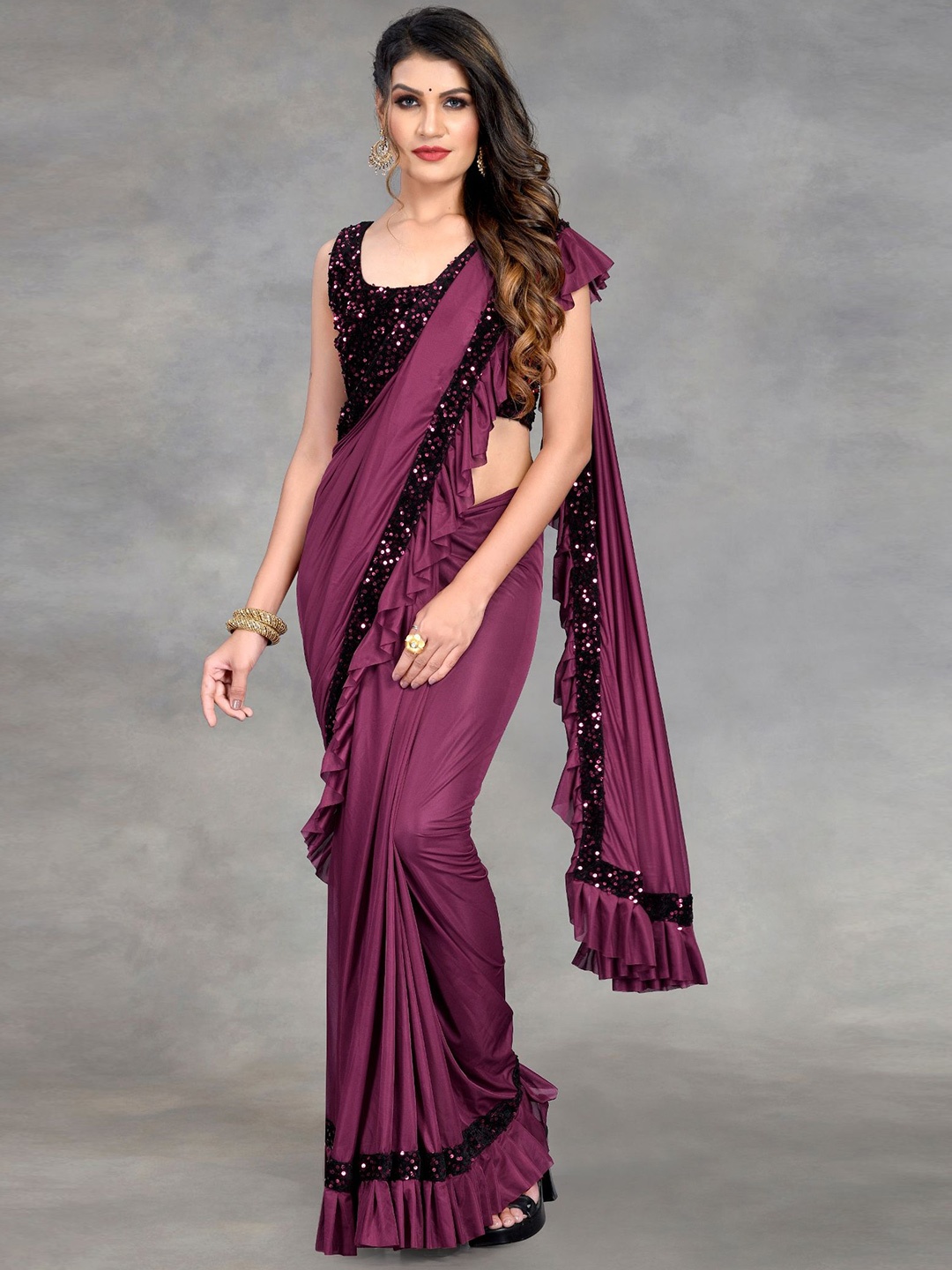 

Aika Emblished Sequinned Saree With Ruffles, Purple