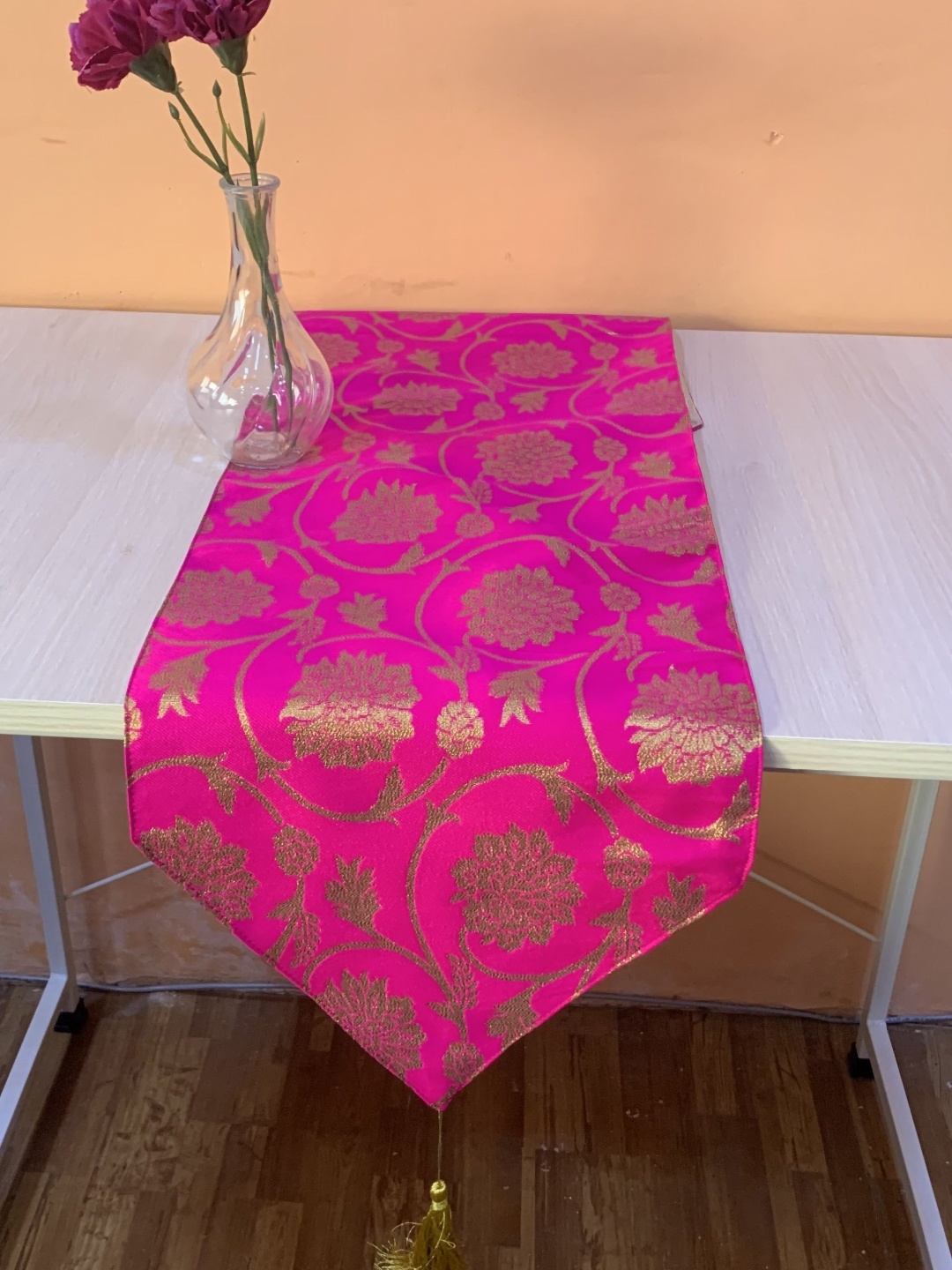 

Pink Parrot Pink & Gold Toned Ethnic Motifs Art Silk Table Runner