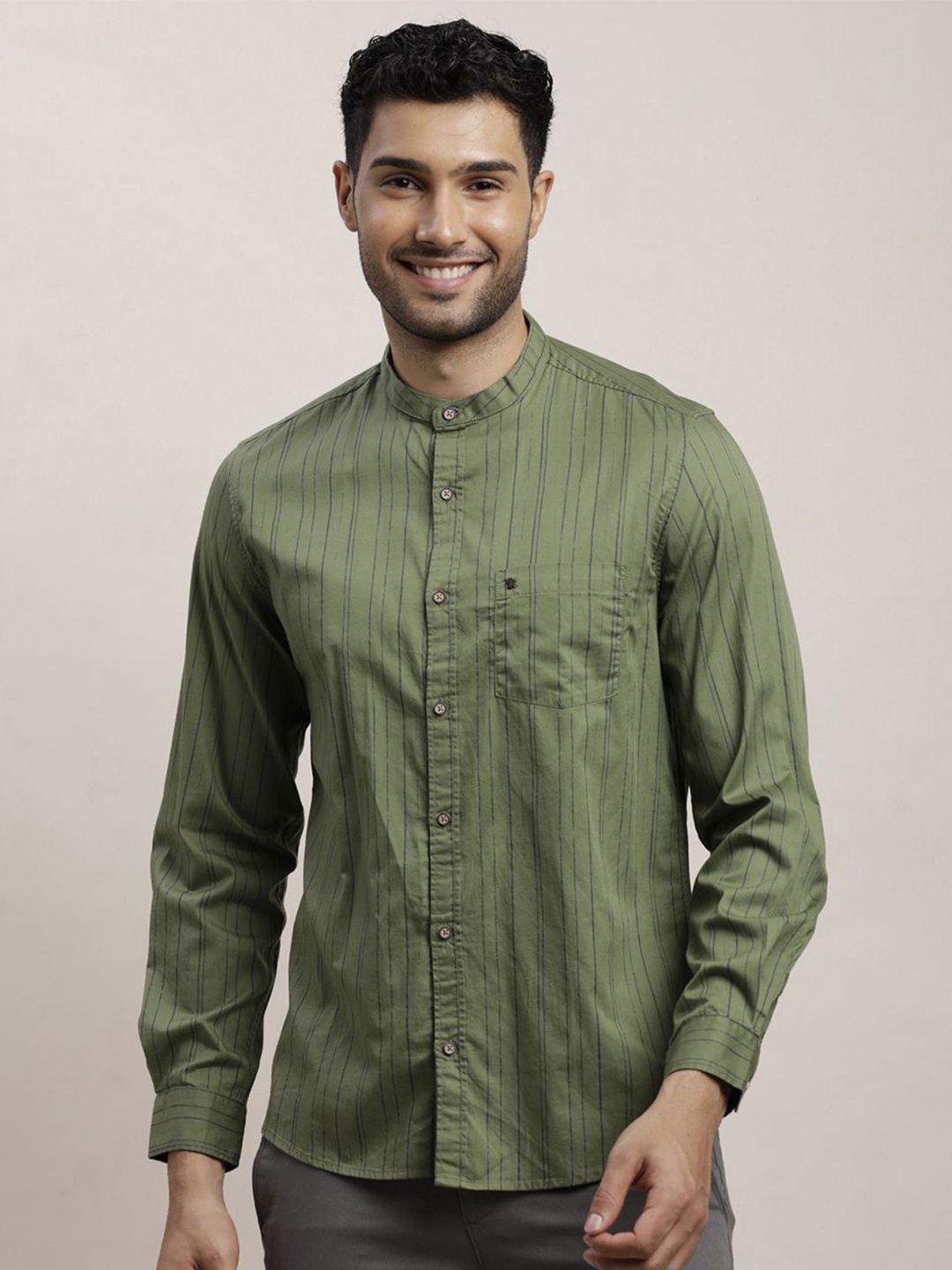 

Turtle Men Relaxed Spread Collar Striped Cotton Slim Fit Casual Shirt, Olive