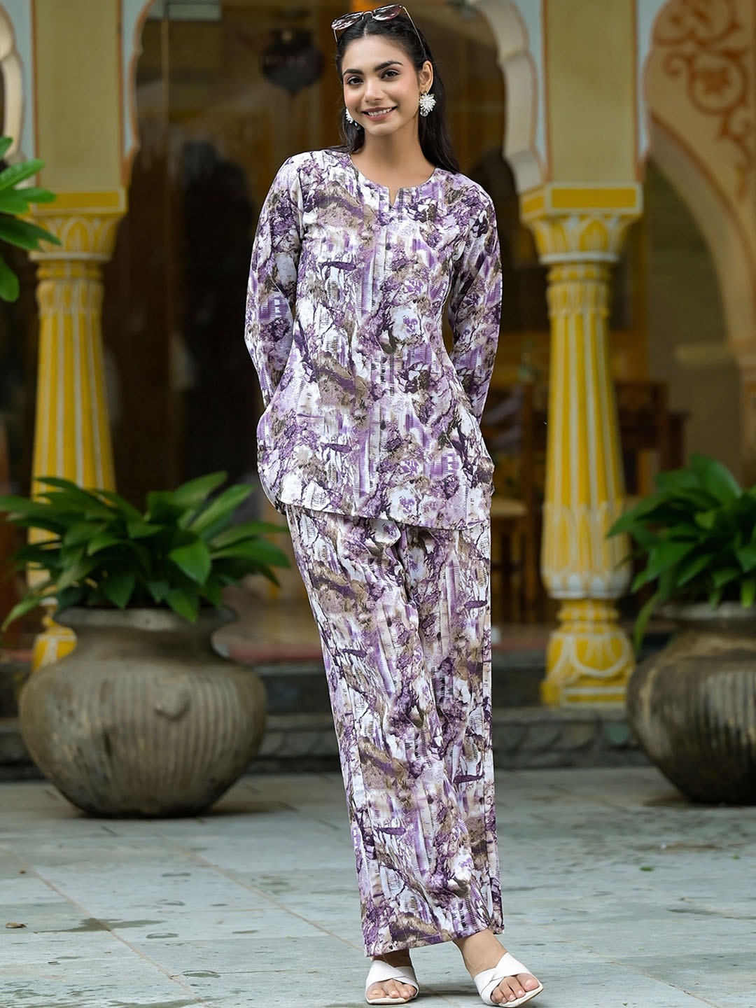 

KALINI Printed Notch Neck Tunic With Trousers, Purple