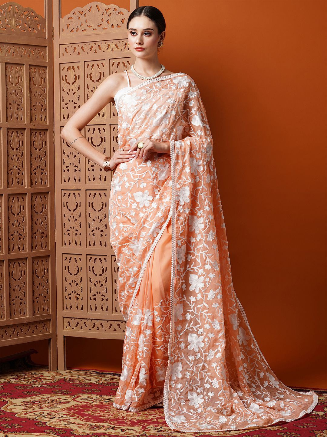 

KALINI Floral Embroidered designer Saree, Peach
