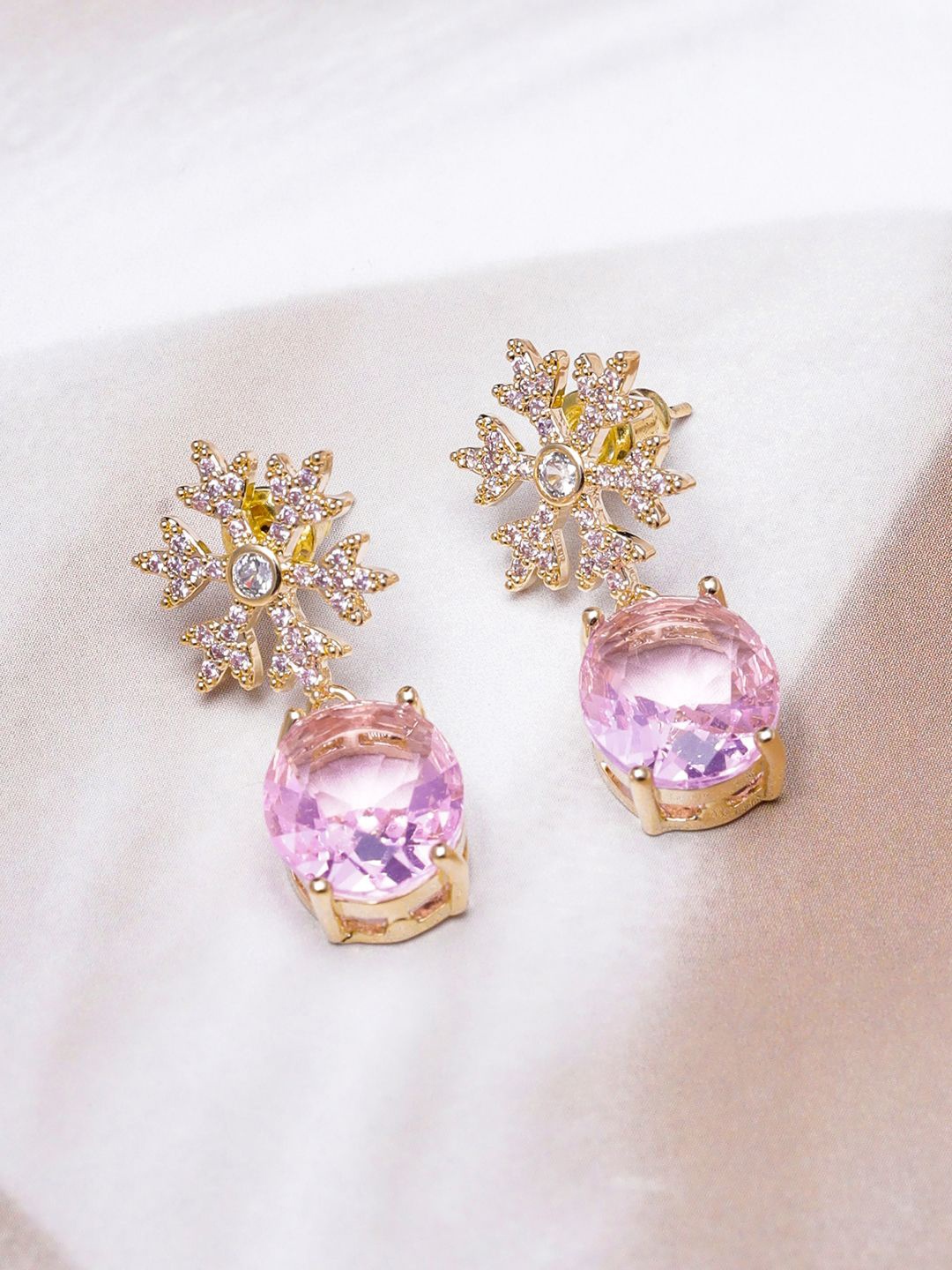 

Rubans 22K Gold-Plated AD & CZ Snowflake Stud Earrings with Pink Oval Drop Stones