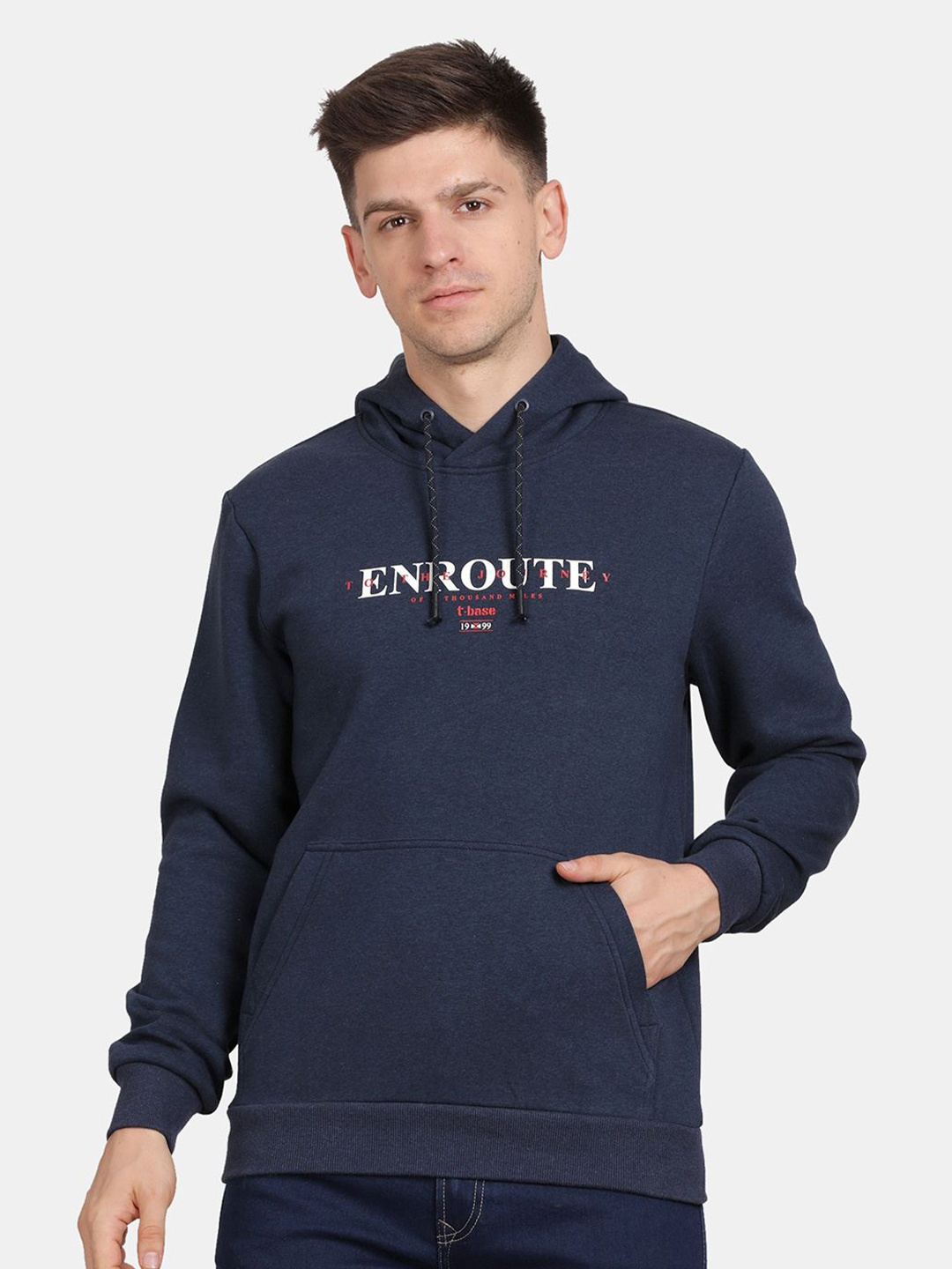 

t-base Men Typography Printed Hooded Sweatshirt, Blue