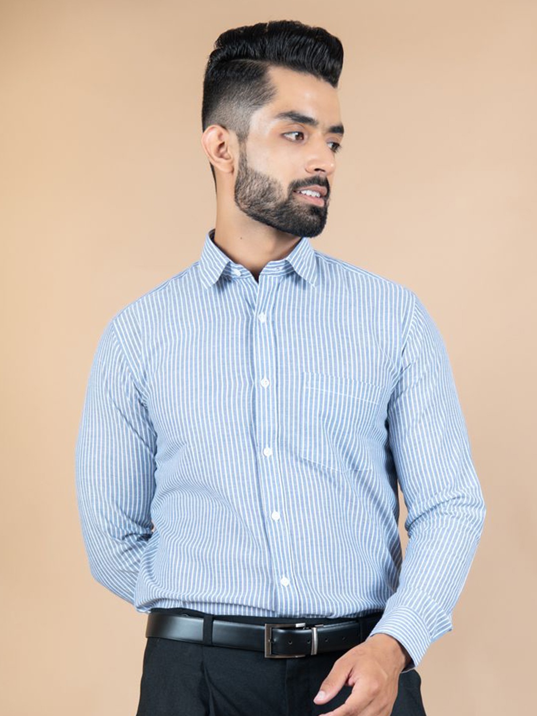 

Tistabene Men Standard Spread Collar Striped Cotton Formal Shirt, Blue