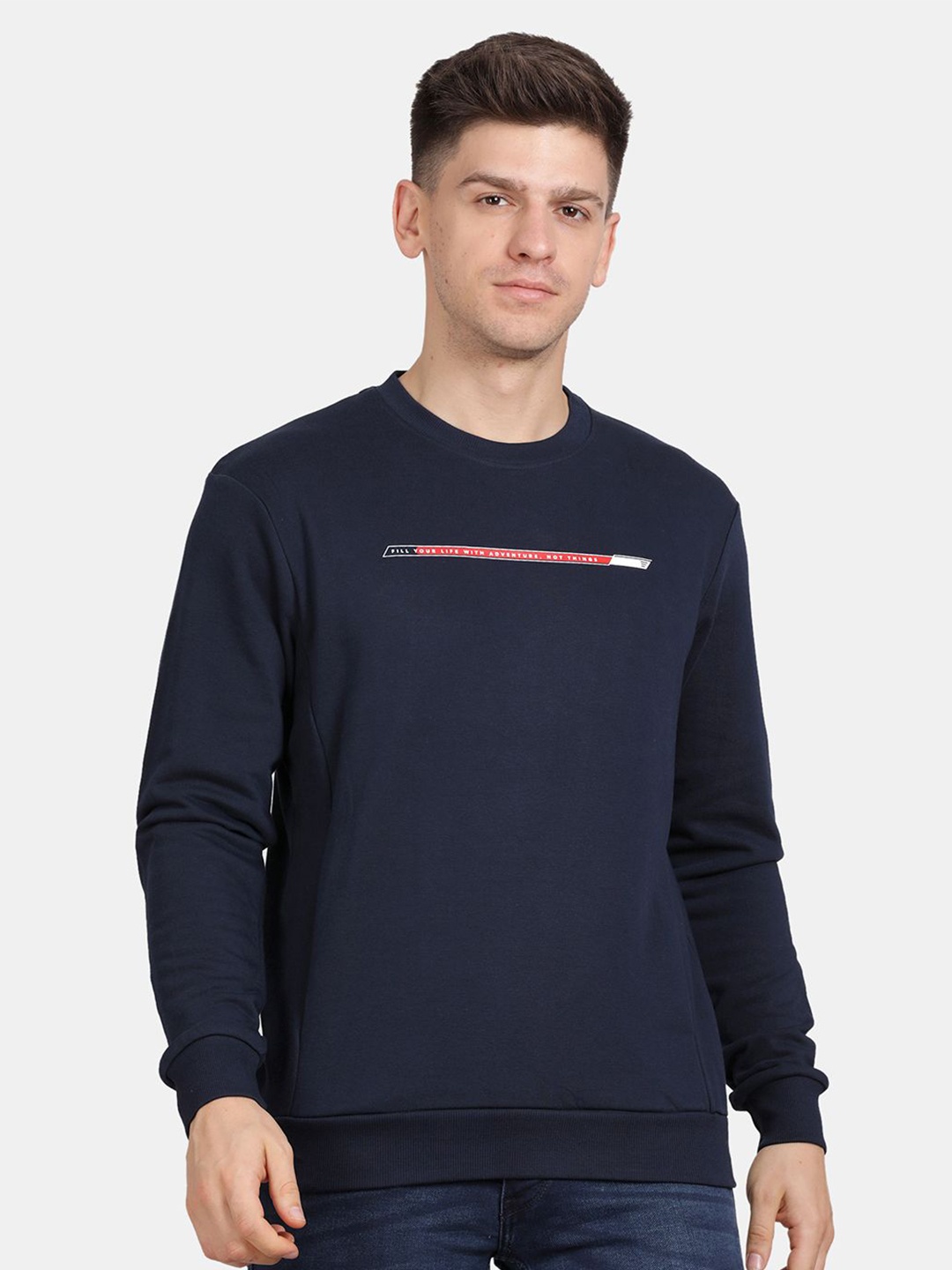

t-base Men Typography Printed Sweatshirt, Navy blue