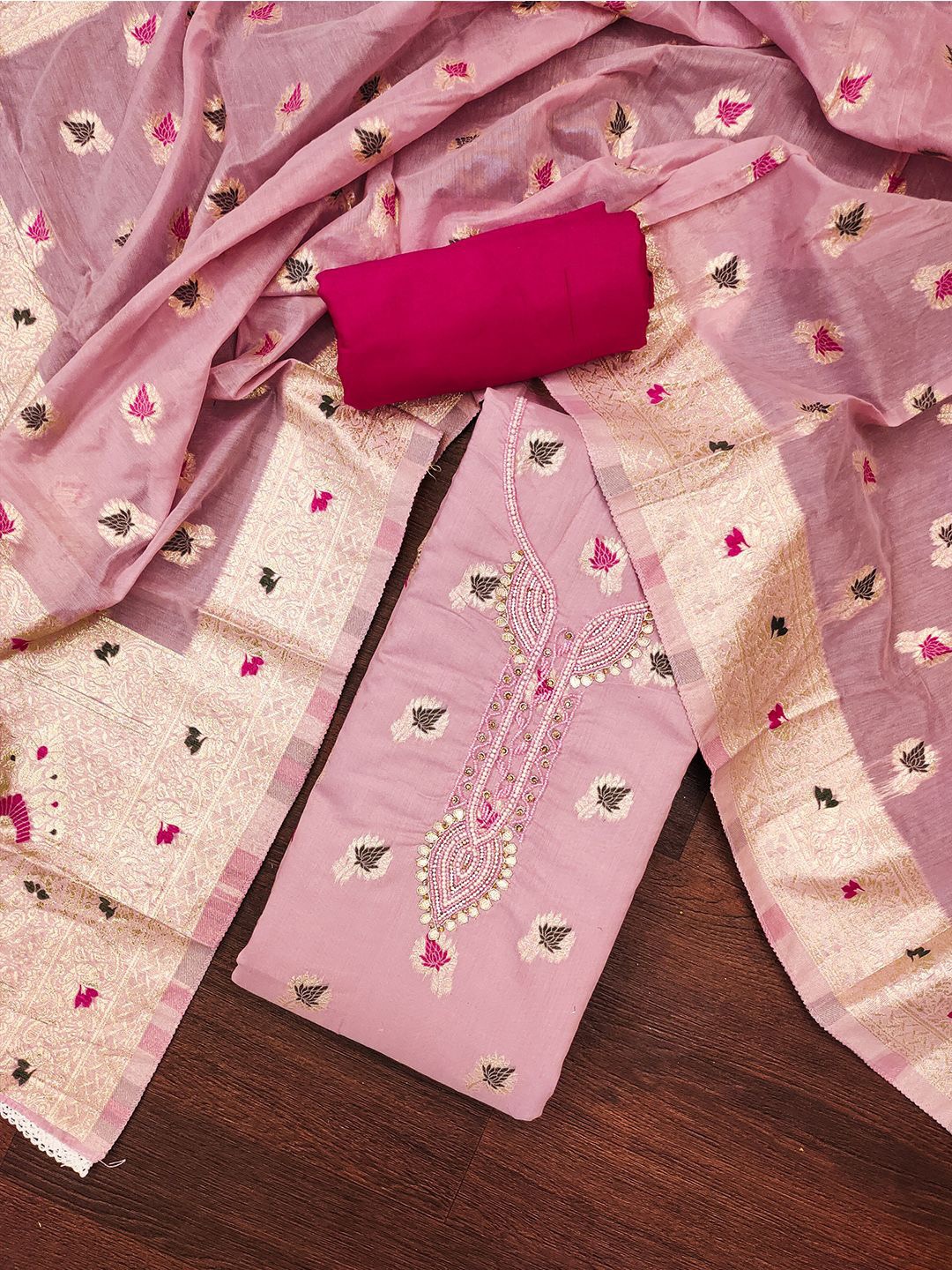 

Lilots Floral Embroidered Beads and Stones Unstitched Dress Material, Pink