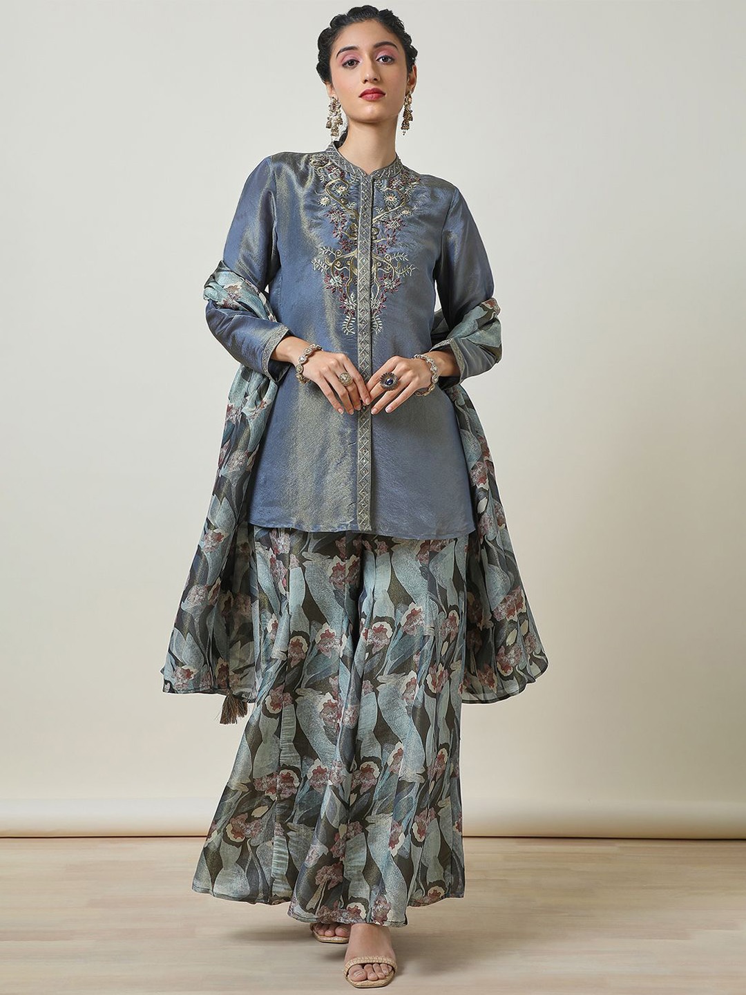 

Soch Floral Embroidered Thread Work Tissue Straight Kurti with Palazzos & Dupatta, Grey