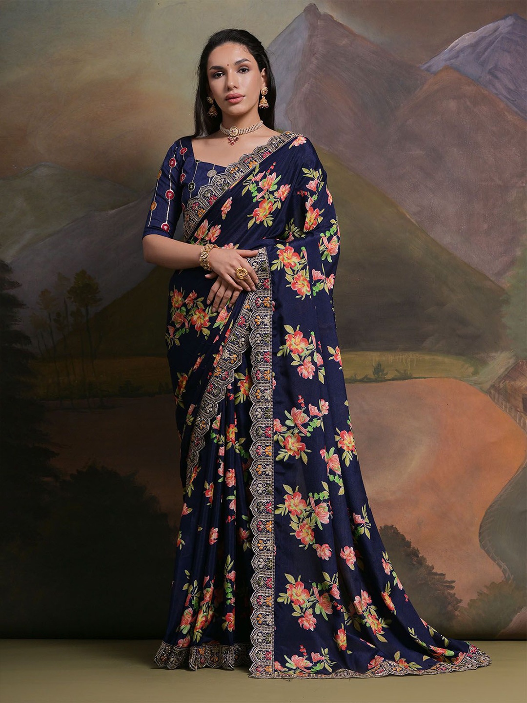 

ODETTE Floral Sequinned Poly Chiffon Saree, Blue