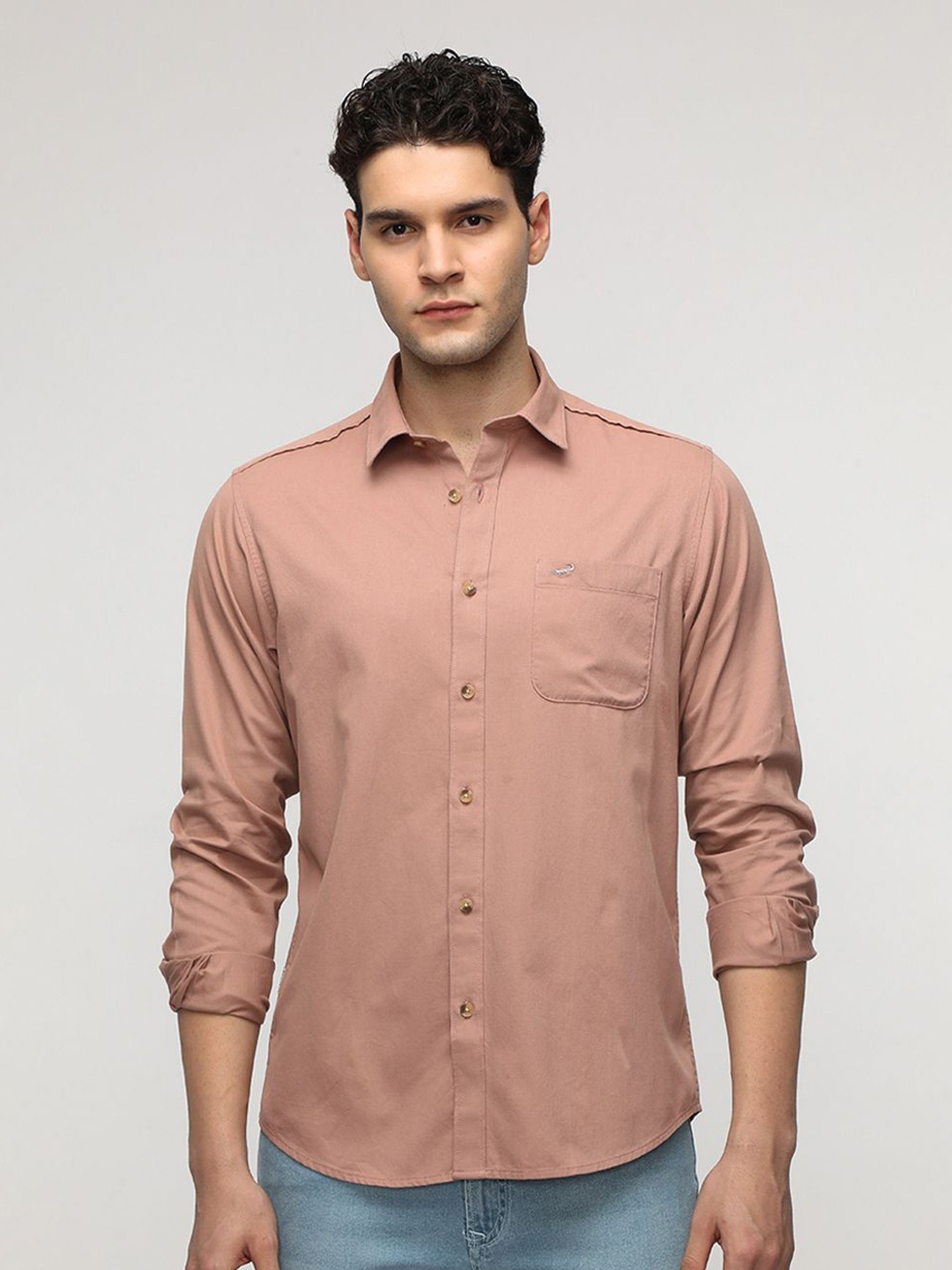 

Crocodile Men Comfort Spread Collar Textured Cotton Casual Shirt, Pink