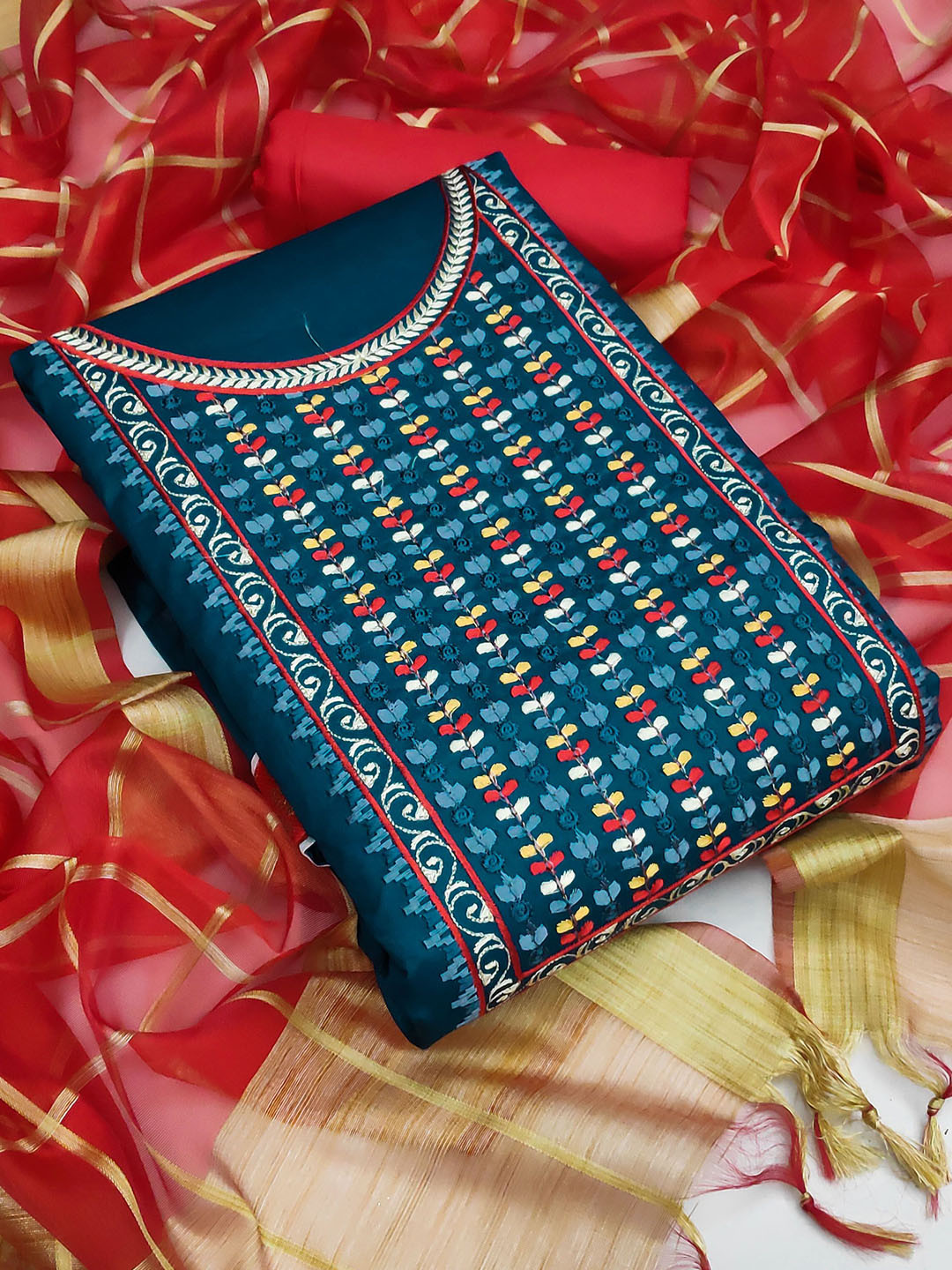 

Ishin Embroidered Thread Work Unstitched Dress Material, Blue