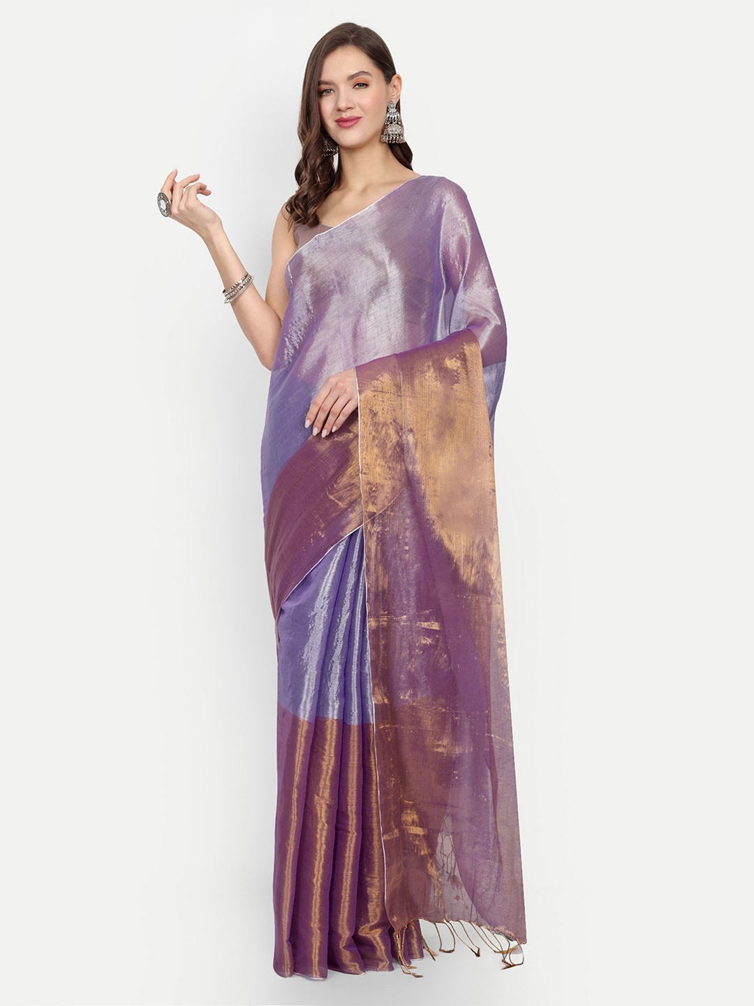 

BENGAL HANDLOOM Colourblocked Taant Saree, Violet