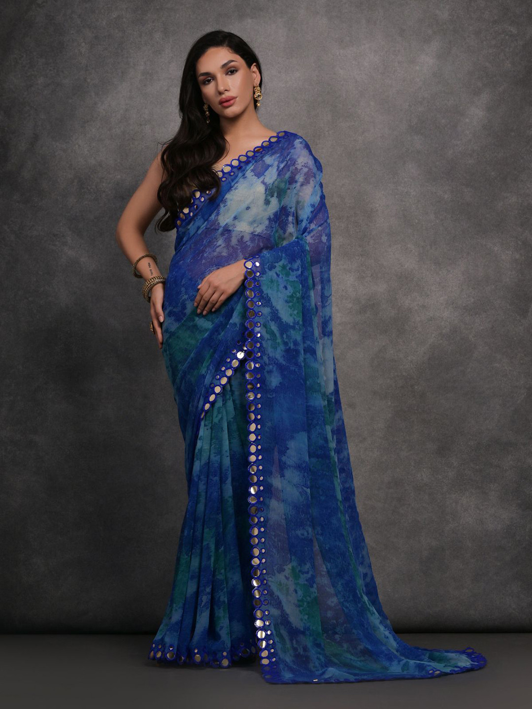 

ODETTE Mirror Work Tie and Dye Saree, Blue