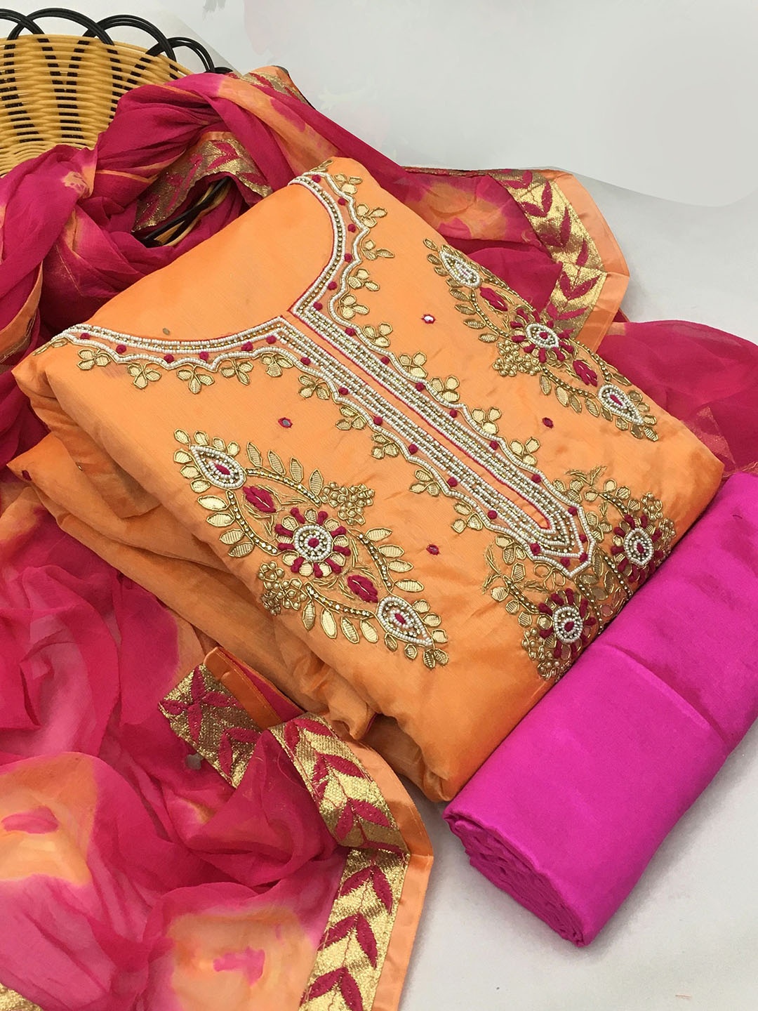 

Ishin Embroidered Beads and Stones Unstitched Dress Material, Peach