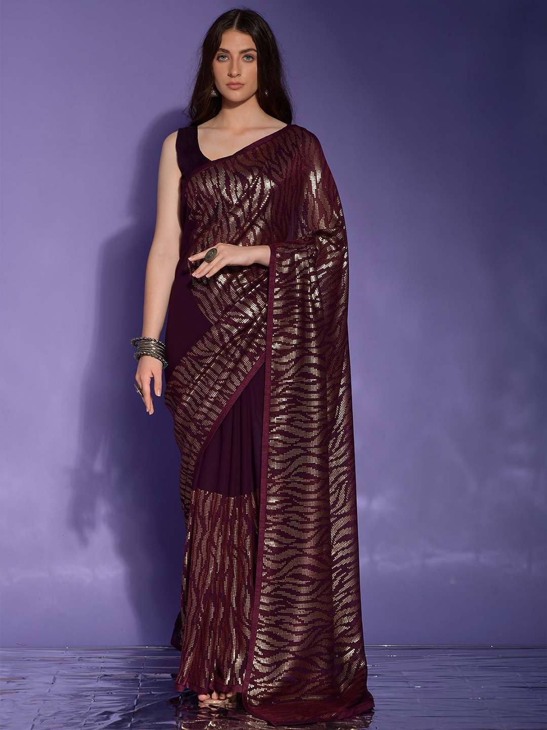 

ODETTE Sequinned Embellished Saree With Unstitched Blouse, Purple