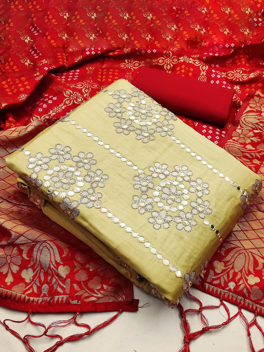 

Ishin Floral Embroidered Beads & Stones Unstitched Dress Material, Beige
